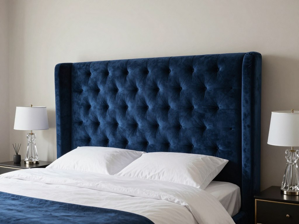 Luxury bedroom with oversized velvet tufted headboard in deep blue against neutral wall