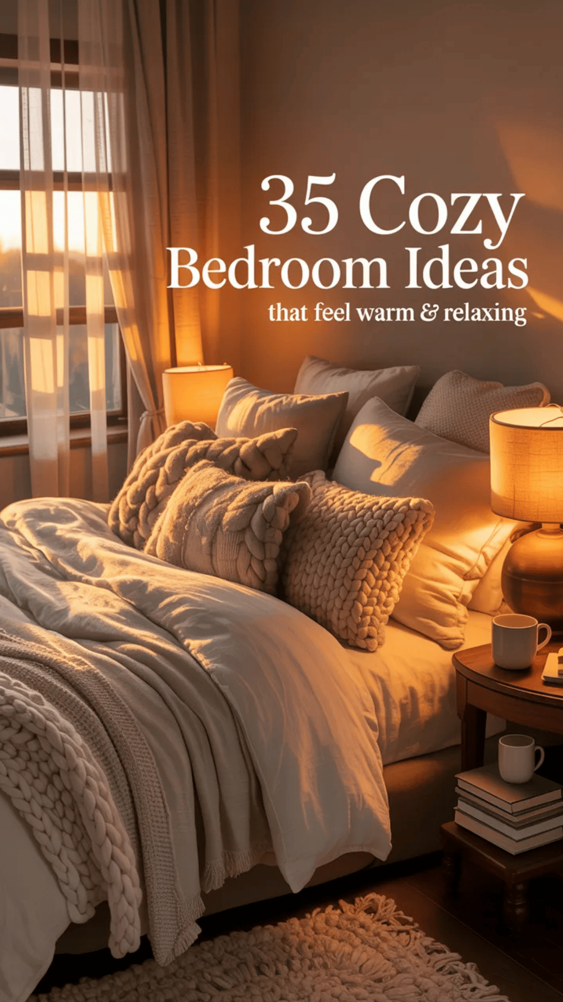 Cozy bedroom with layered cream bedding, chunky knit pillows, warm bedside lamps, and golden sunset light streaming through sheer curtains creating a soft, relaxing atmosphere.