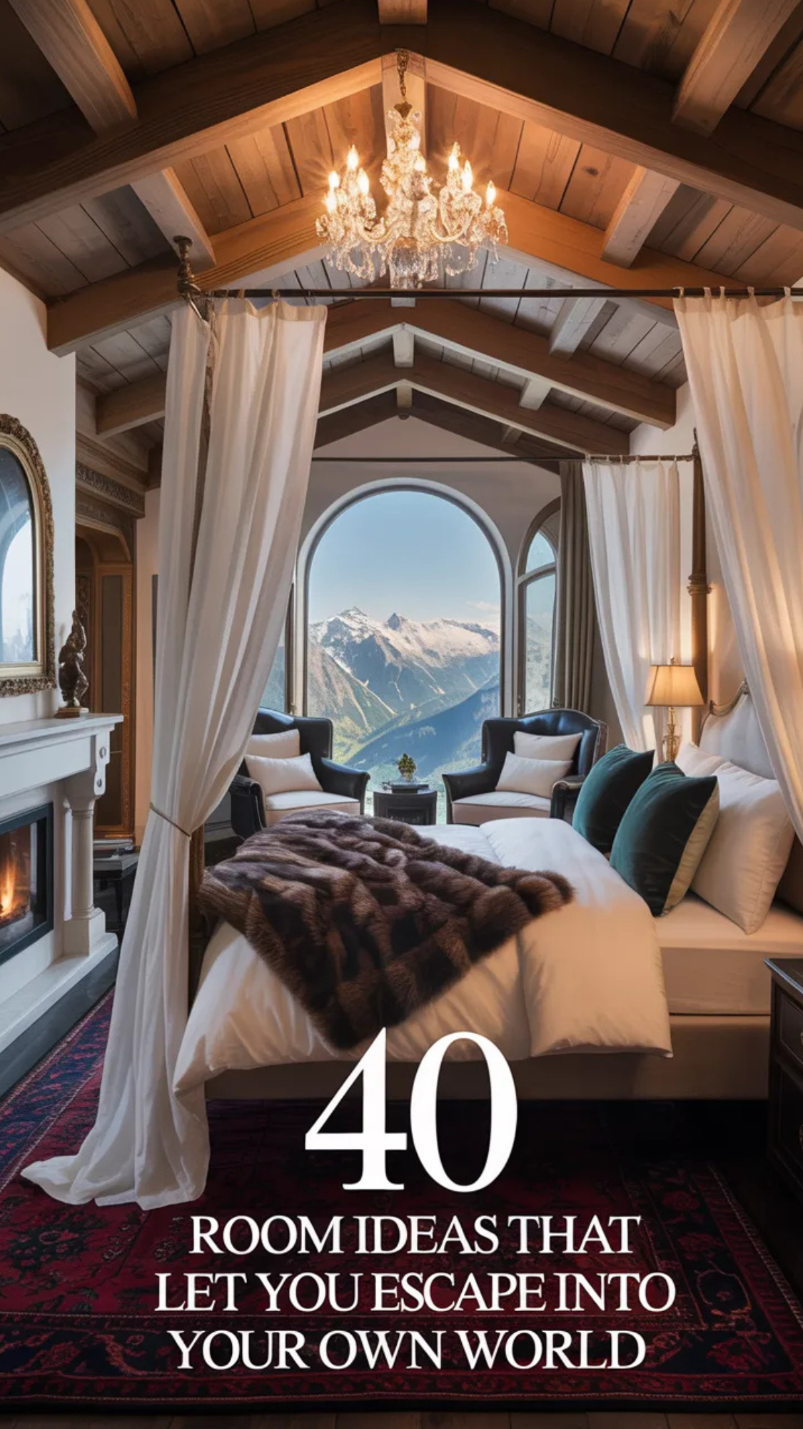 Luxury cozy bedroom with a canopy bed, soft white curtains, warm chandelier lighting, fireplace, and mountain views creating a dreamy personal escape.
