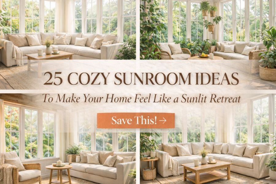 Cozy sunroom design collage featuring bright window-filled spaces with neutral sofas, plants, and natural wood decor with text overlay “25 Cozy Sunroom Ideas to Make Your Home Feel Like a Sunlit Retreat”