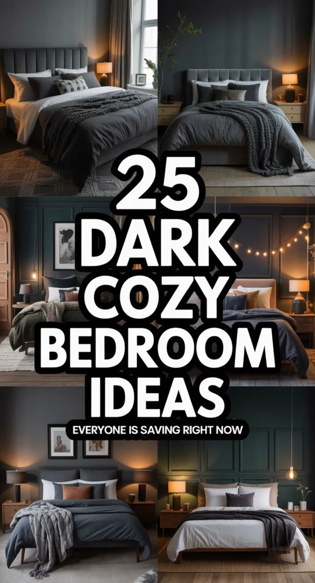 Dark cozy bedroom ideas with moody walls, warm lighting, layered bedding, and cozy decor inspiration for small bedrooms.