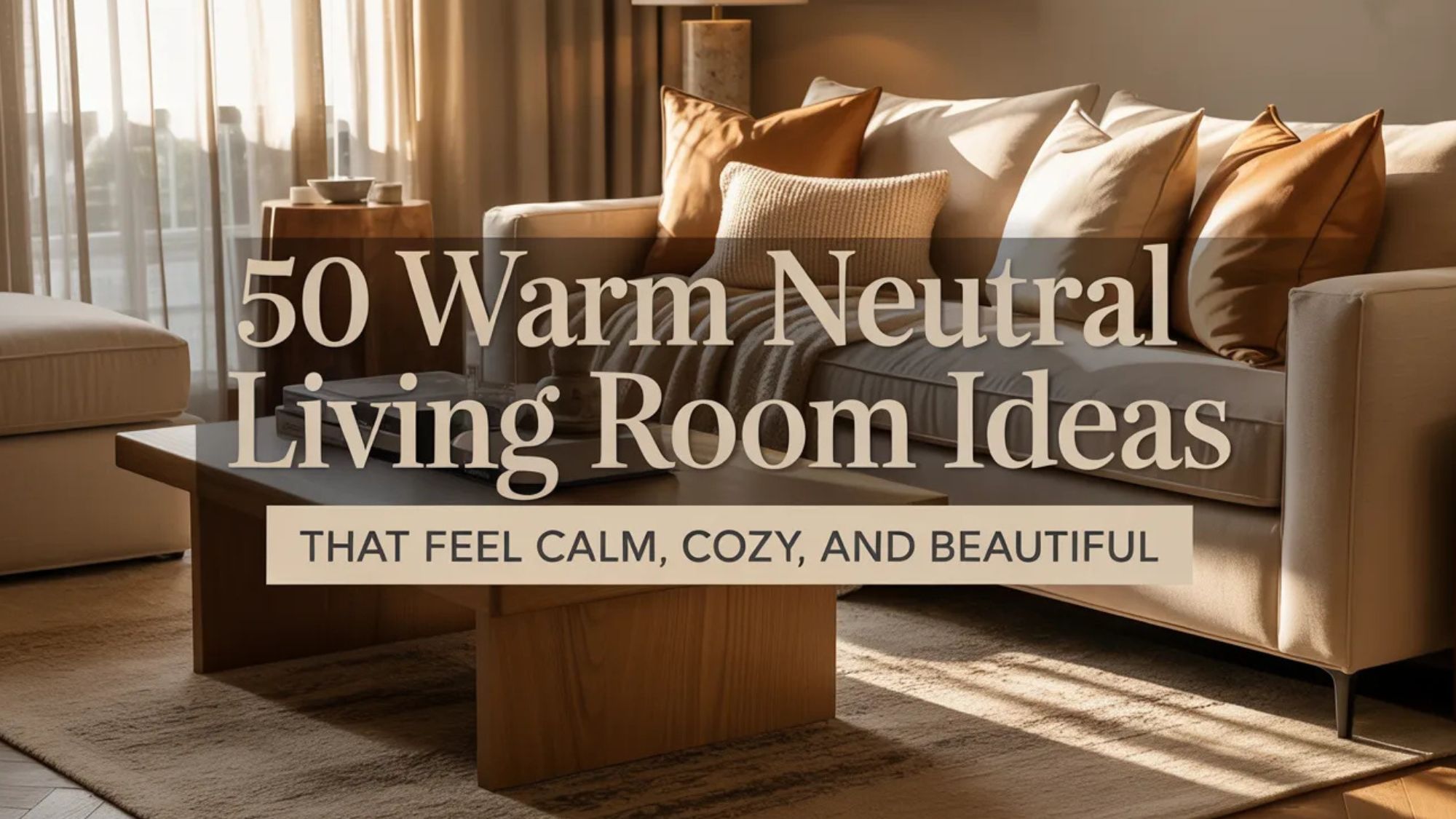 warm neutral living room with beige sofa layered textures and text overlay for living room ideas