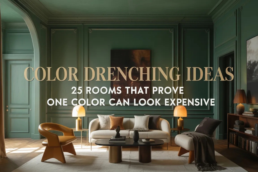 A moody dark green living room with paneled walls, arched doorway, cream sofa, warm lamps, sculptural chair.