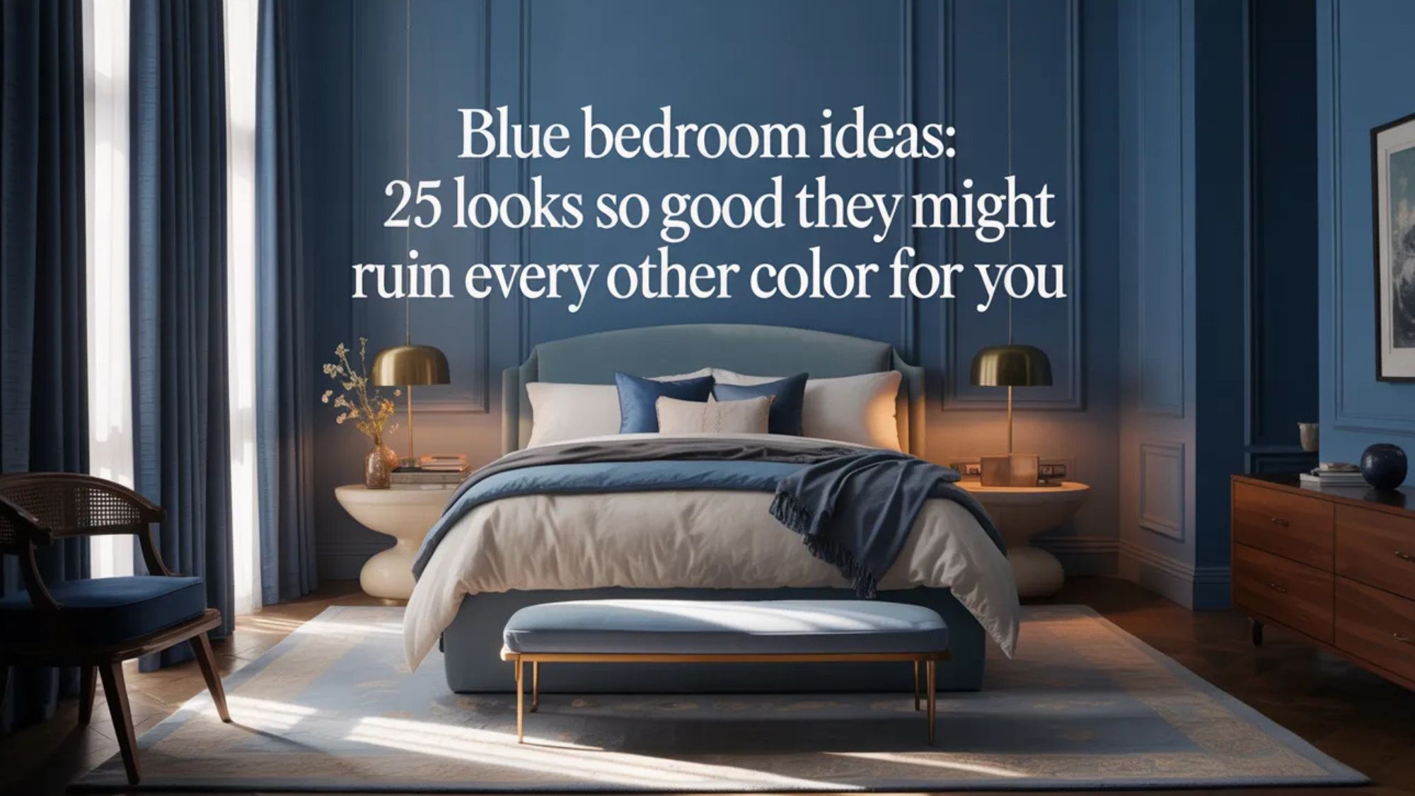 Blue bedroom with layered bedding, soft lighting, elegant furniture, and rich blue tones creating a calm and stylish retreat