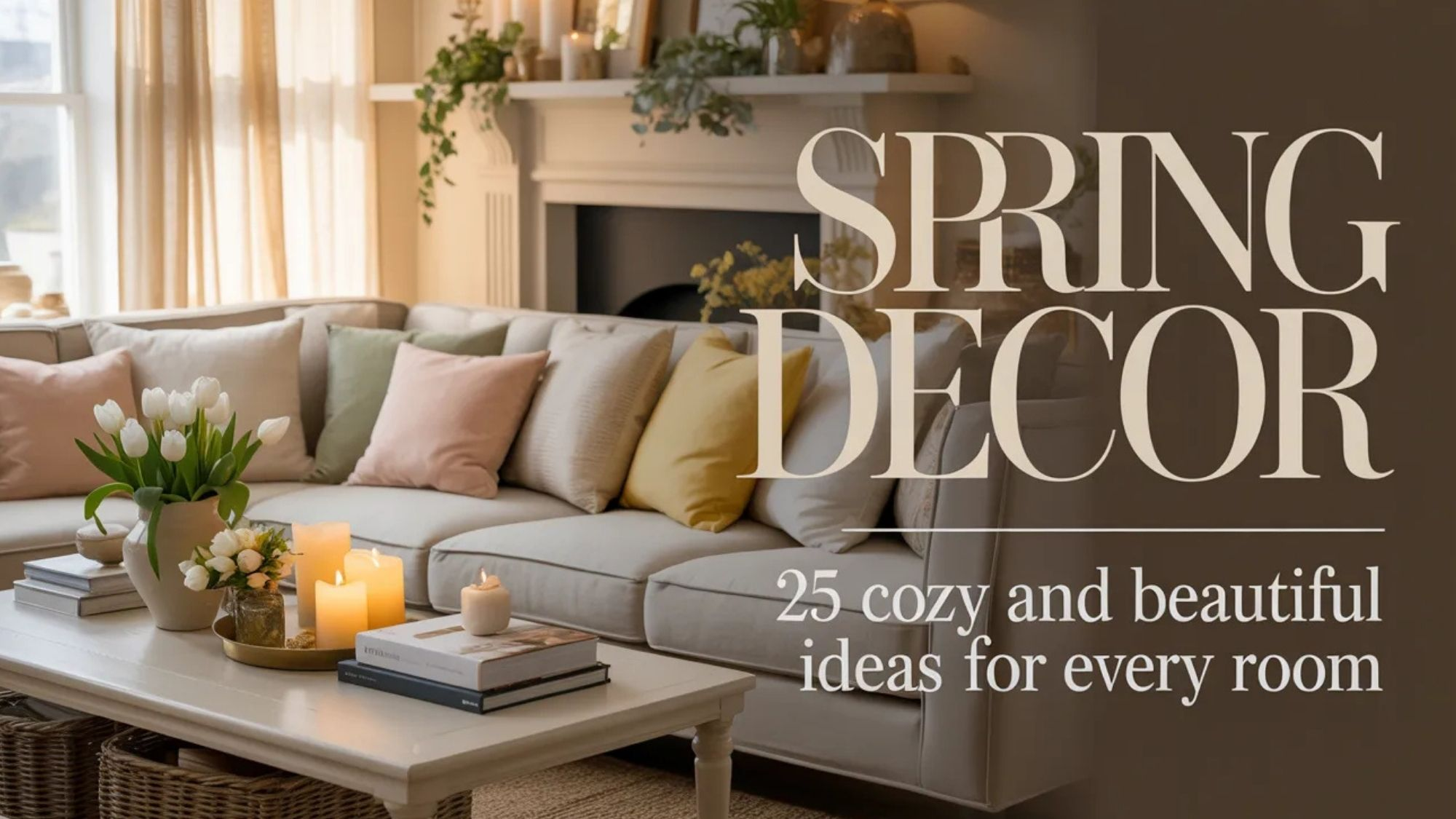 Spring decor Pinterest pin featuring a cozy living room with a cream sofa, pastel pillows, tulips, candles, and text overlay reading “Spring Decor: 25 cozy and beautiful ideas for every room.”