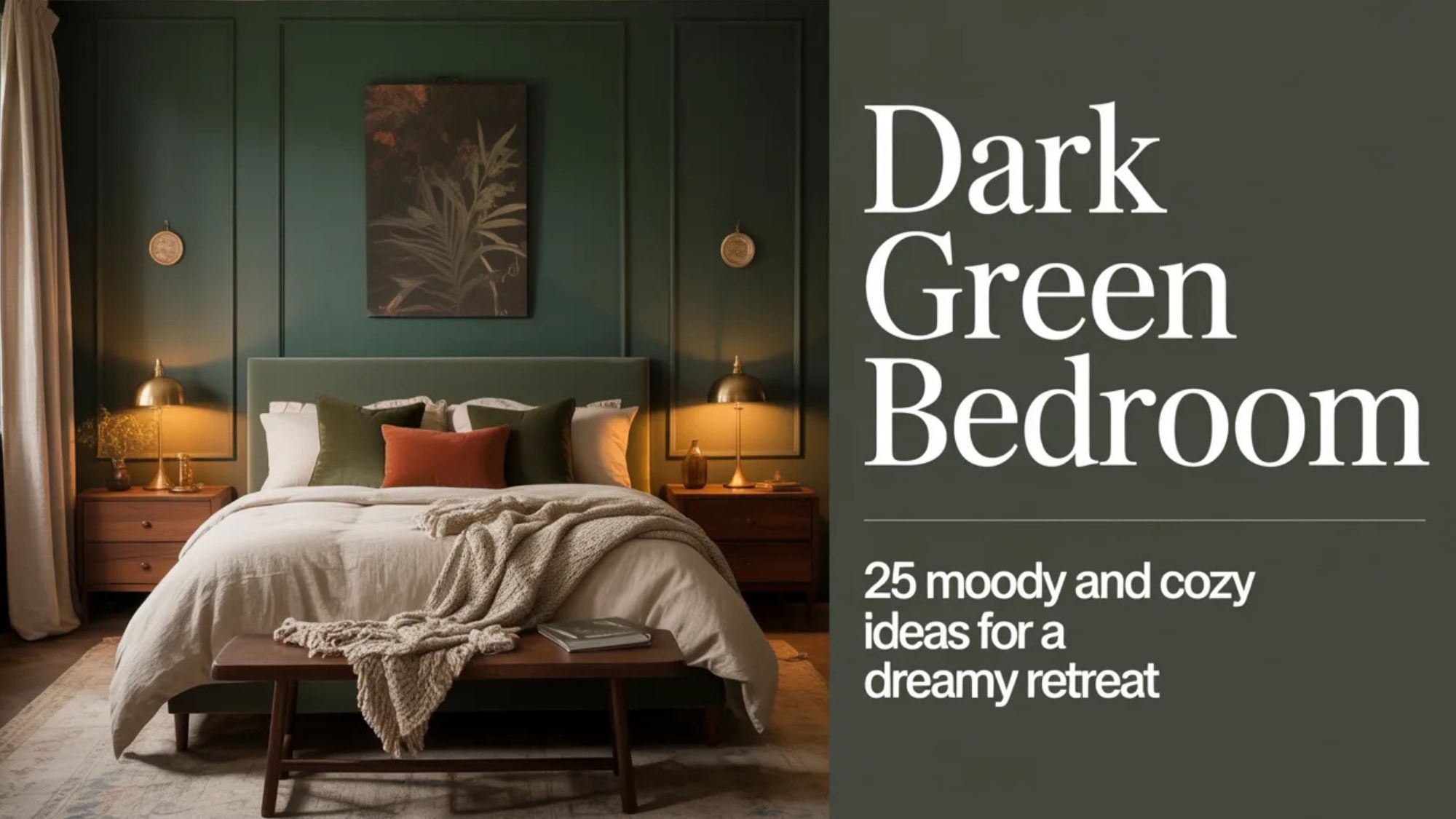 Dark green bedroom ideas featuring a moody forest green bedroom with cream bedding, warm brass lamps, dark wood furniture, and text overlay reading “Dark Green Bedroom: 25 moody and cozy ideas for a dreamy retreat.”