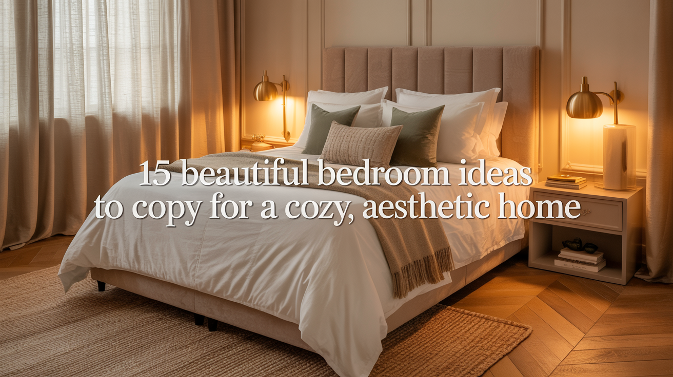 A stunning bedroom, luxurious layered bed, upholstered headboard, warm bedside lighting, airy curtains, textured rug, neutral palette of cream, beige, taupe, sage, and warm wood tones, soft golden morning light, realistic editorial interior photography, calm cozy aesthetic, polished and expensive-looking but livable, rich soft textures, elegant composition.