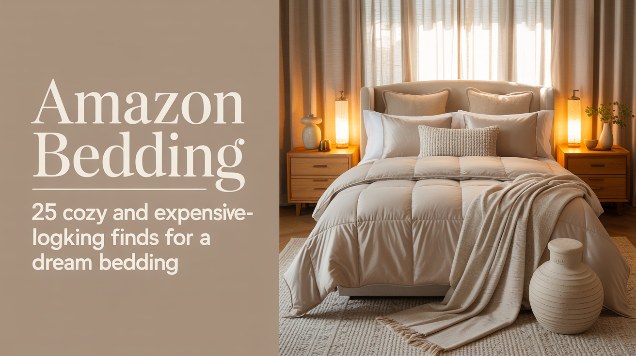 Amazon bedding article showing a warm neutral bedroom with plush beige bedding, layered pillows, glowing lamps, and text overlay about 25 cozy and expensive-looking finds.