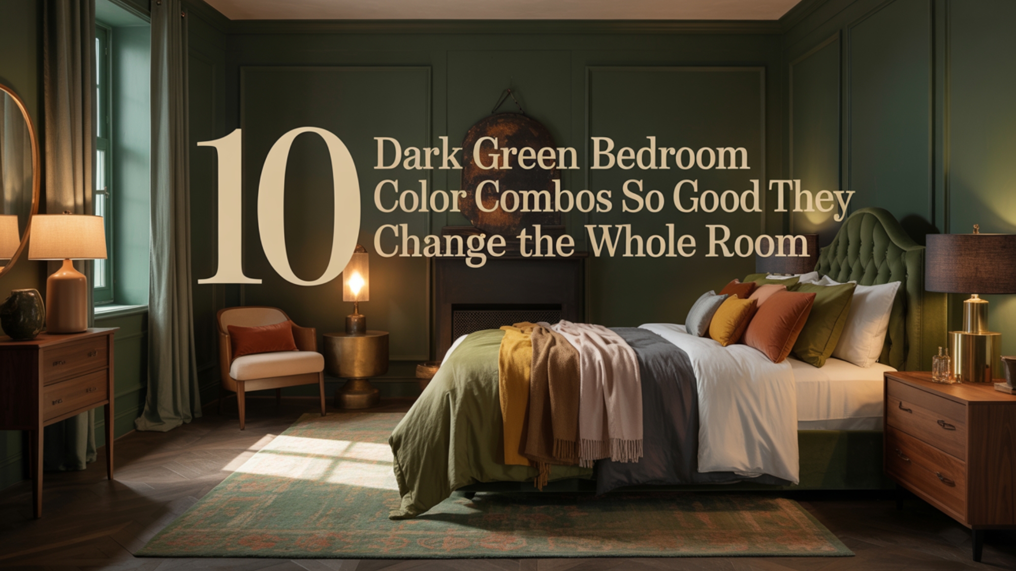 Dark green bedroom with paneled green walls, upholstered green bed, white bedding, rust and olive accent pillows, walnut furniture, warm lamps, and large text overlay reading “10 Dark Green Bedroom Color Combos So Good They Change the Whole Room”
