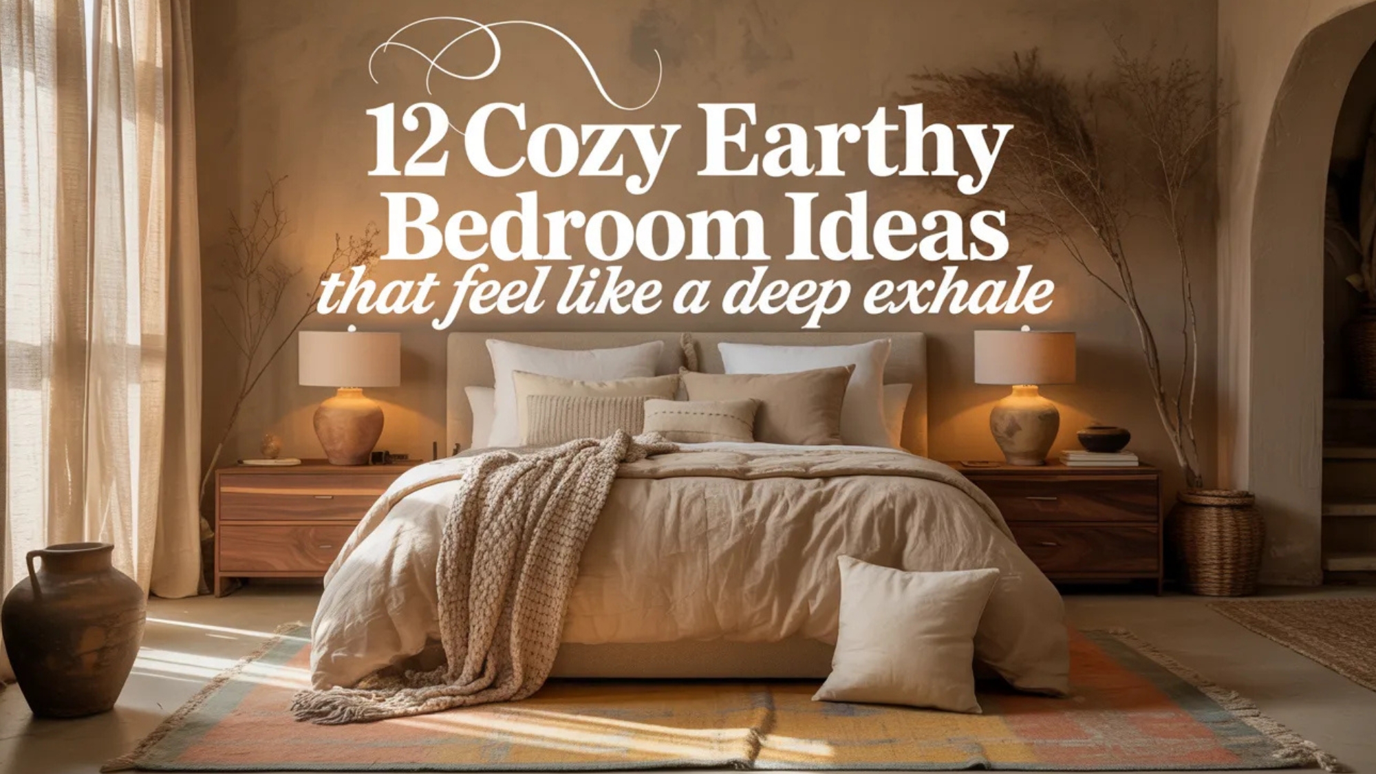 Cozy earthy bedroom with layered linen bedding, walnut dressers, warm ceramic lamps, textured plaster walls, dried branches, vintage-style rug, and large text overlay reading “12 Cozy Earthy Bedroom Ideas That Feel Like a Deep Exhale”