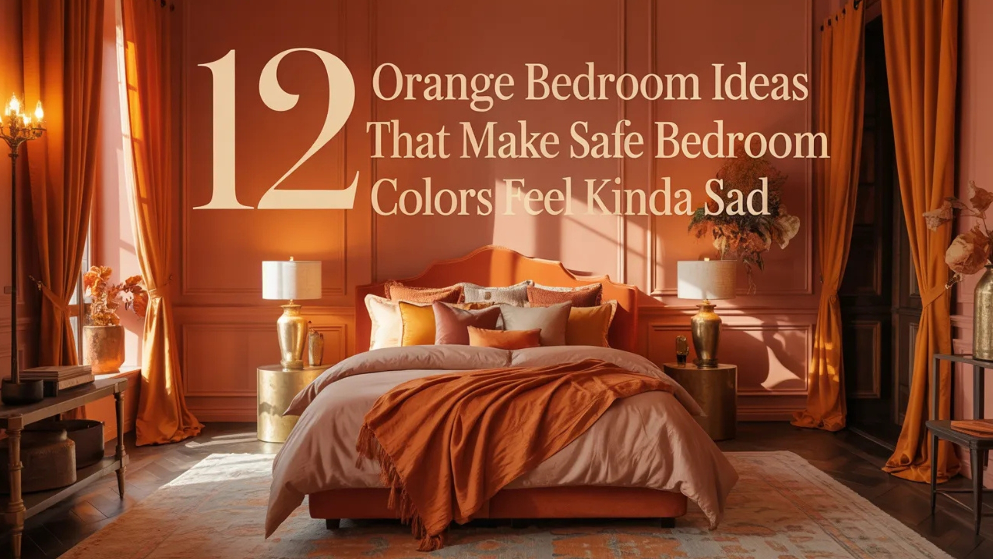 Orange bedroom with terracotta walls, layered burnt orange and cream bedding, dramatic floor-length curtains, brass lamps, and large text overlay reading “12 Orange Bedroom Ideas That Make Safe Bedroom Colors Feel Kinda Sad”