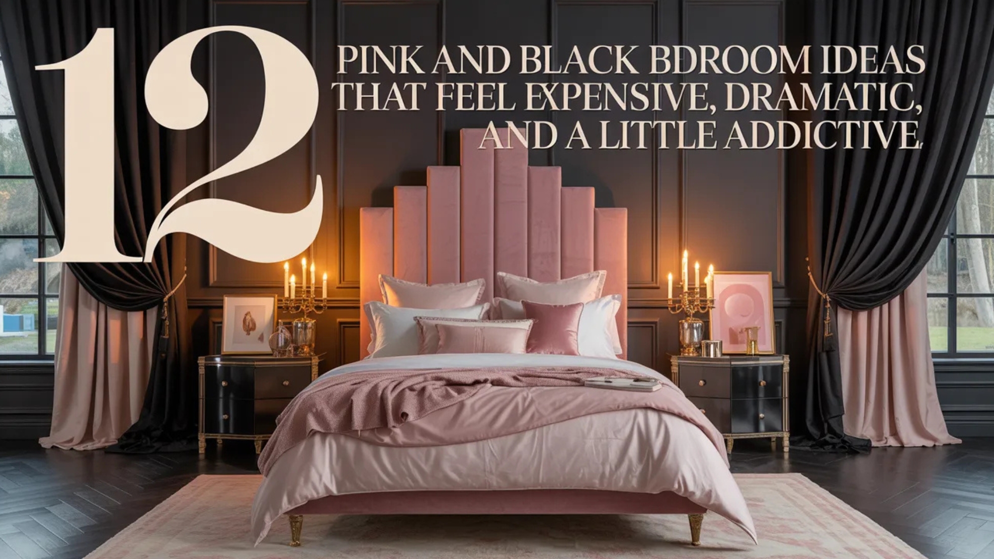 Pink and black bedroom with matte black paneled walls, blush velvet bed, layered pink bedding, black curtains, candle-style sconces, and large text overlay reading “12 Pink and Black Bedroom Ideas That Feel Expensive, Dramatic, and a Little Addictive”