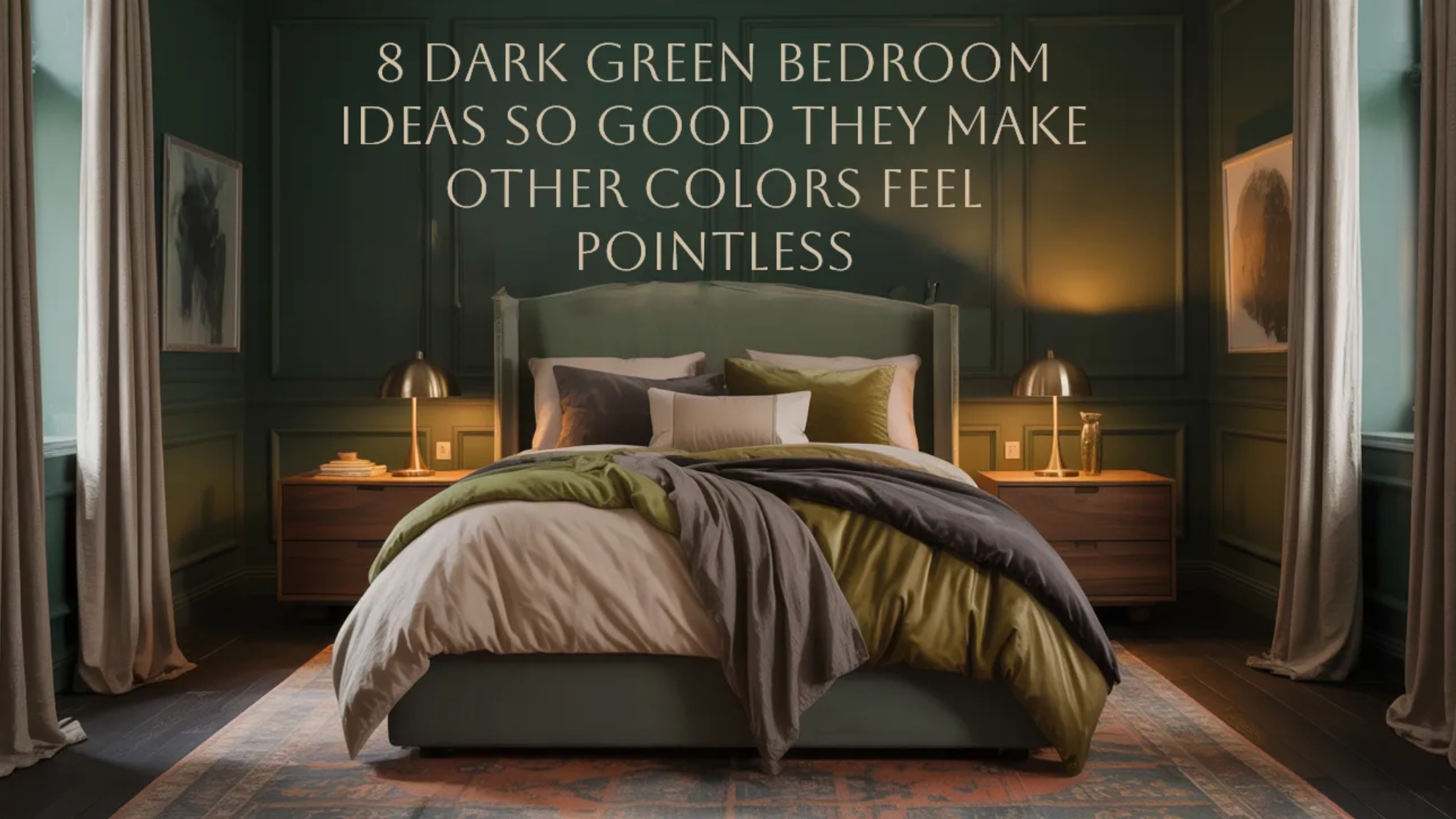 Dark green bedroom with paneled forest green walls, layered olive and cream bedding, walnut nightstands, brass lamps, soft drapery, and large text overlay reading “8 Dark Green Bedroom Ideas So Good They Make Other Colors Feel Pointless”