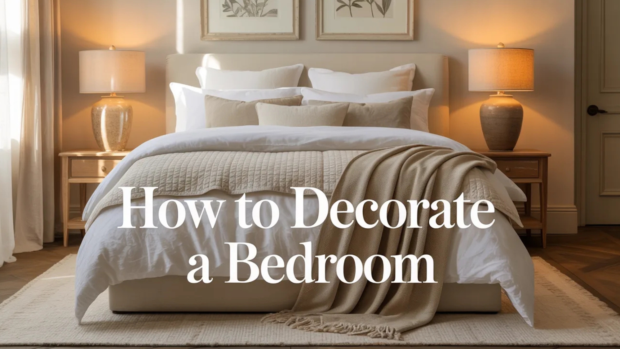 Stylish neutral bedroom with layered bedding, warm lighting, wall art, and cozy decor ideas