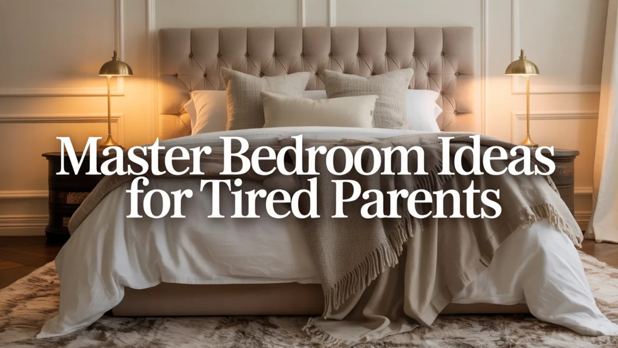 Elegant cozy master bedroom with warm lighting and layered bedding designed as a relaxing retreat for tired parents.