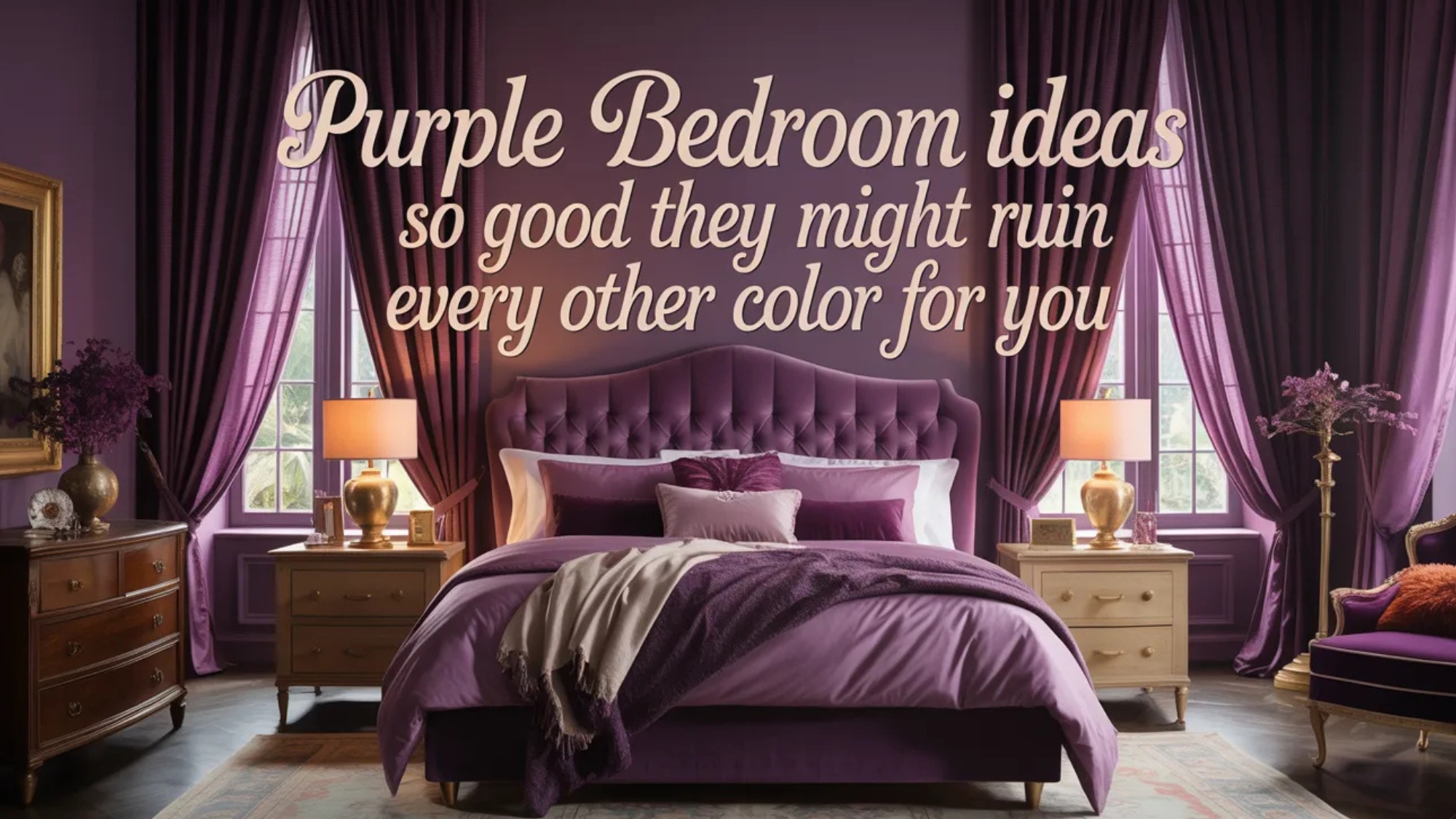 Elegant purple bedroom with tufted velvet bed, layered lavender bedding, dramatic floor-to-ceiling plum curtains, warm table lamps, and large text overlay reading “Purple Bedroom ideas so good they might ruin every other color for you”