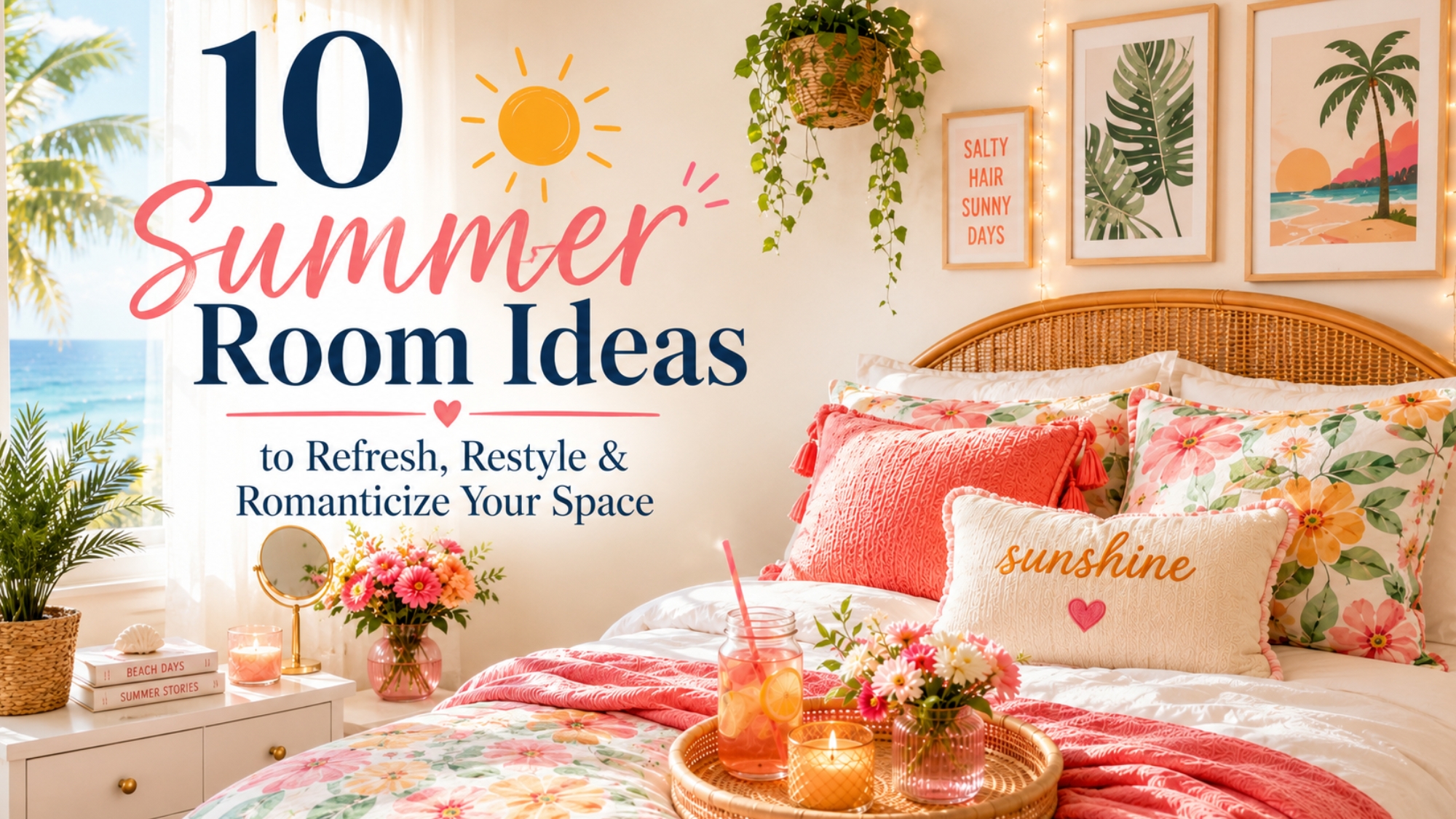Bright summer bedroom with floral bedding, coral pillows, rattan headboard, beach wall art, plants, string lights, and a text overlay reading “10 Summer Room Ideas to Refresh, Restyle & Romanticize Your Space.”