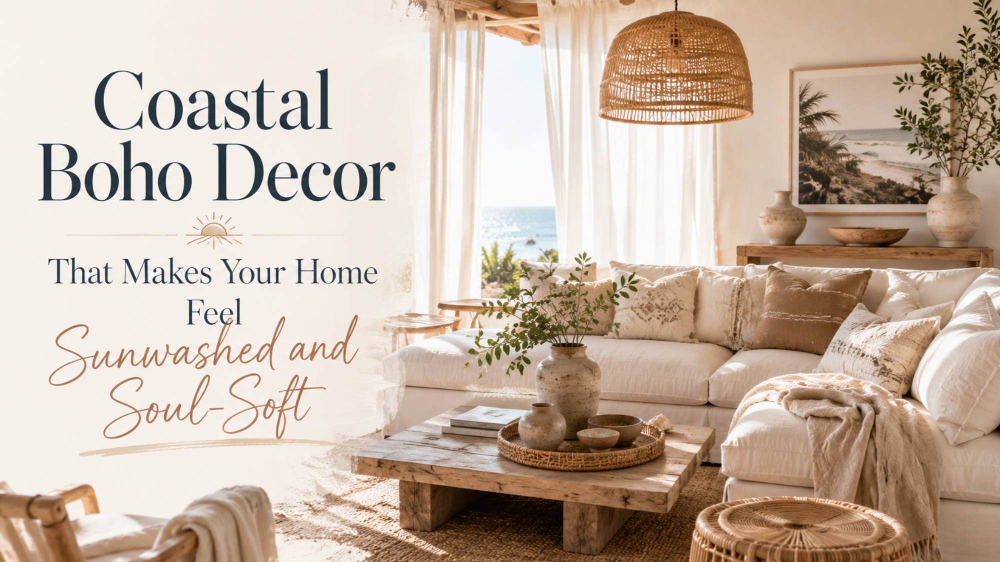 Coastal boho living room with sunwashed ocean views, linen sofa, woven pendant light, warm wood coffee table, natural textures, soft neutral decor, and title overlay.