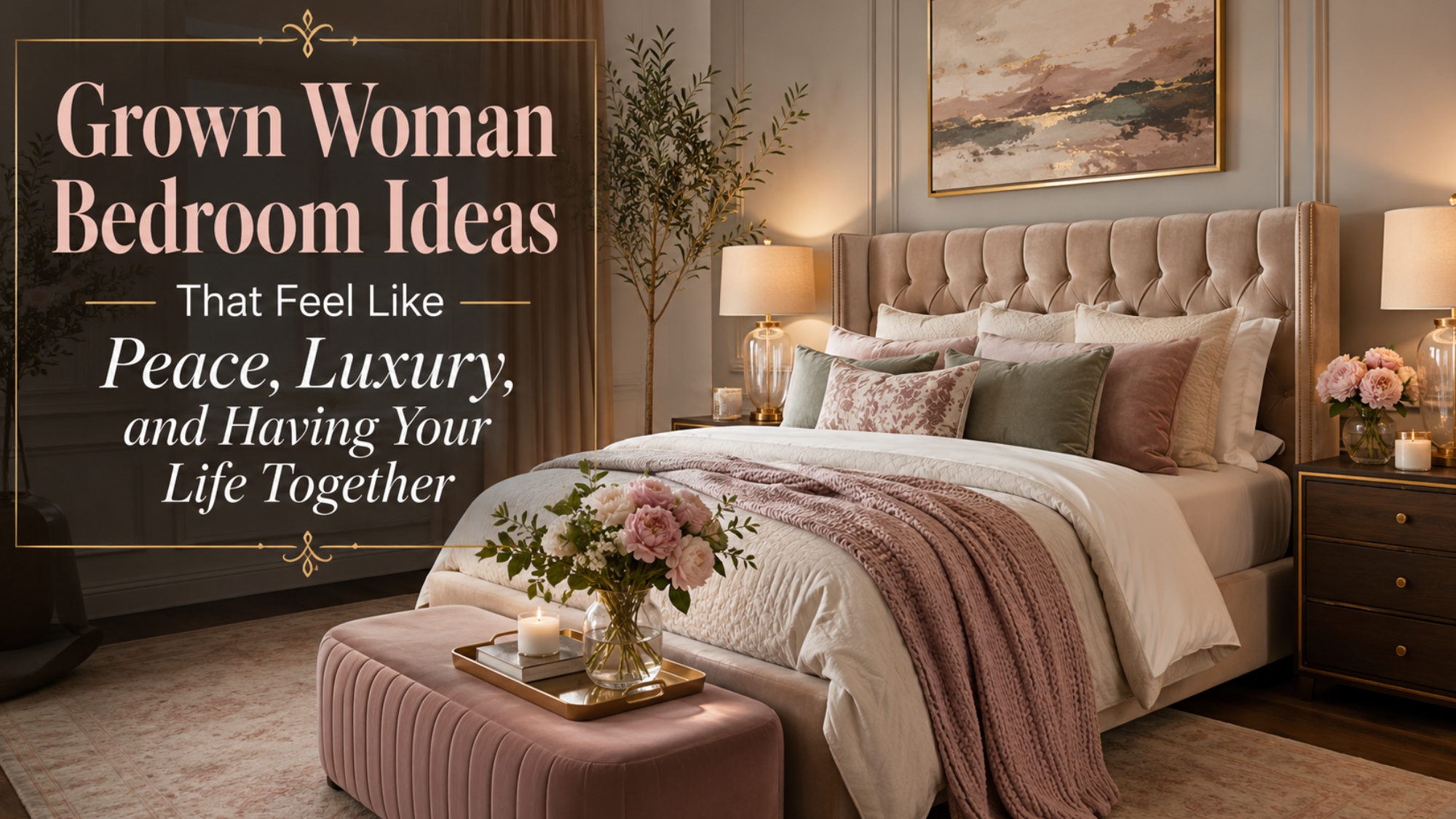 Grown woman bedroom ideas with a calm luxury bedroom featuring layered bedding, soft blush accents, warm lighting, fresh flowers, and elegant decor.