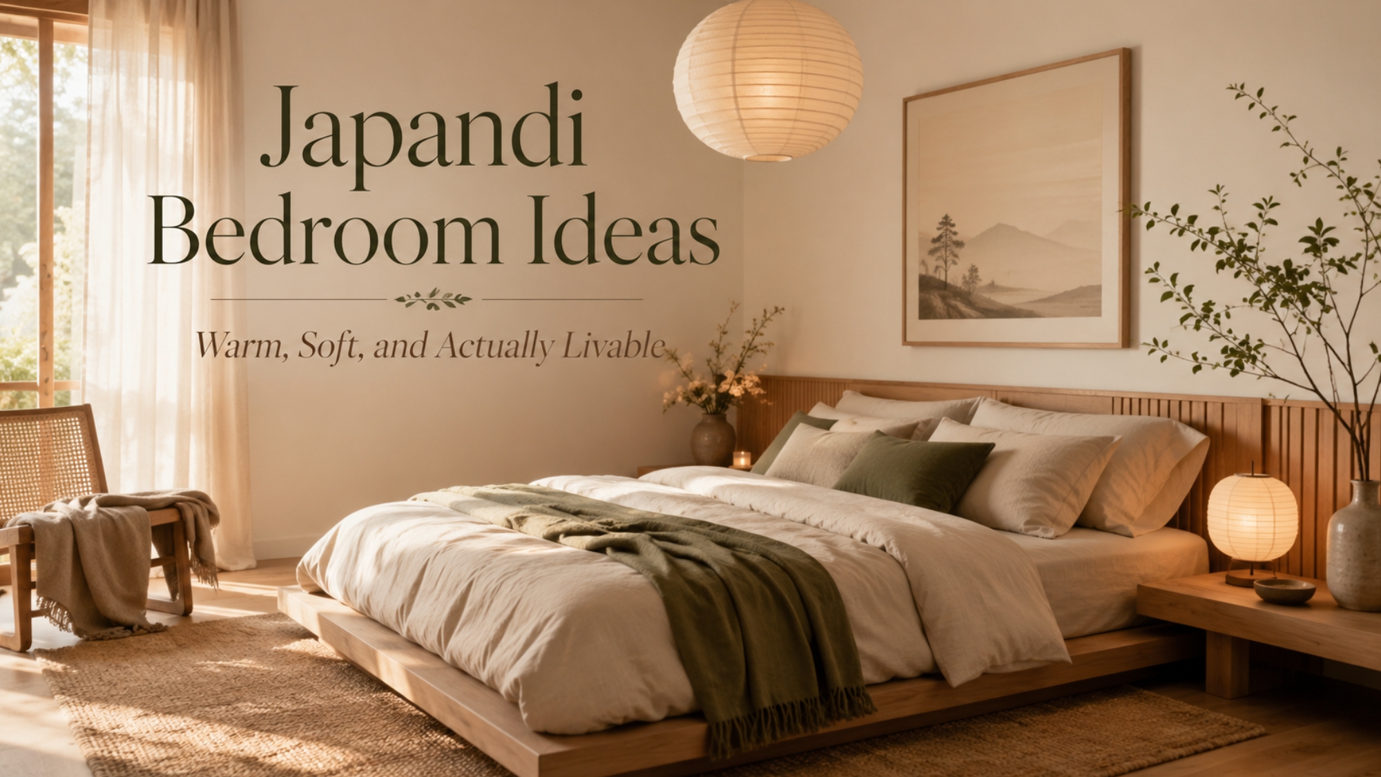 Warm Japandi bedroom with a low wood platform bed, soft neutral bedding, paper lantern lighting, natural textures, greenery, and text overlay reading Japandi Bedroom Ideas.