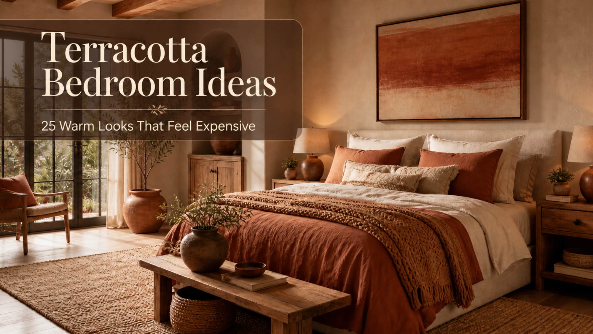 Terracotta bedroom ideas article showing a warm cozy bedroom with terracotta bedding, cream layered pillows, wood furniture, jute rug, large windows, and text overlay reading “Terracotta Bedroom Ideas: 25 Warm Looks That Feel Expensive.”