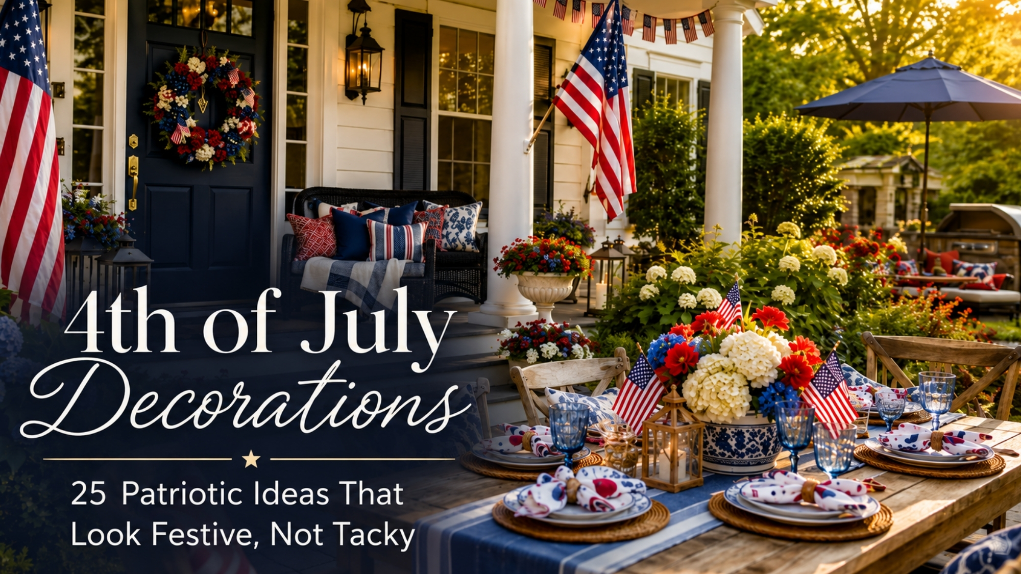 Festive 4th of July porch and outdoor dining setup with patriotic red, white, and blue decorations, American flags, floral centerpiece, and text overlay reading “4th of July Decorations.”