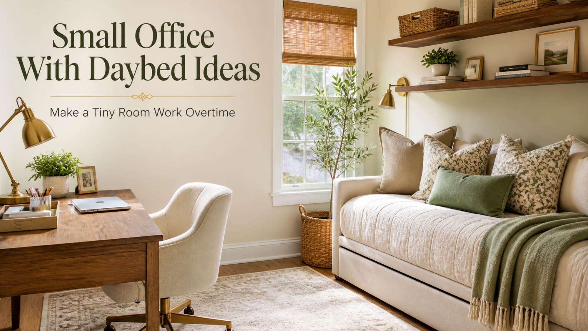 Small office with daybed ideas featuring a cozy neutral home office, wood desk, floating shelves, sage green accents, woven storage, and a styled daybed for a multifunctional tiny room.