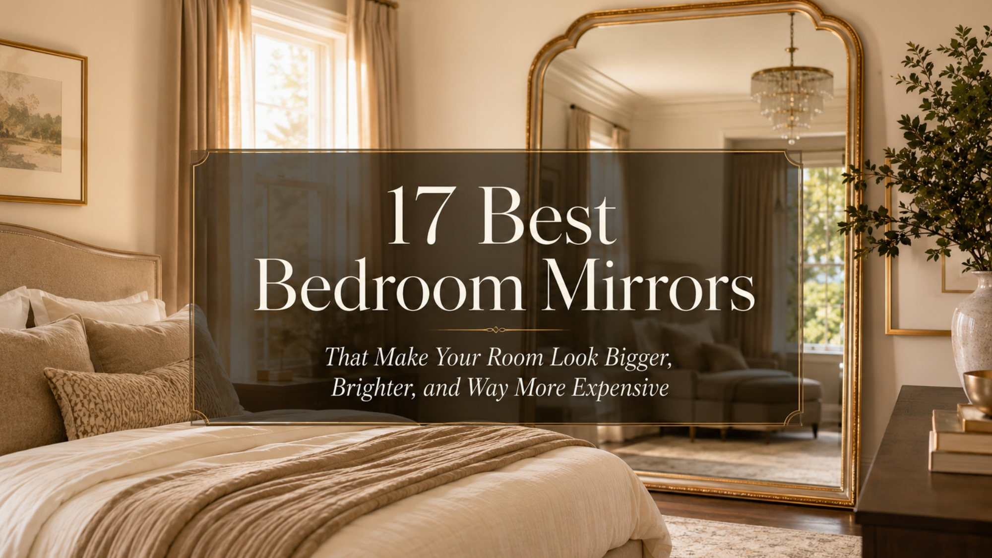 Elegant neutral bedroom with a large gold mirror and centered text for 17 best bedroom mirrors that make a room look bigger, brighter, and more expensive.