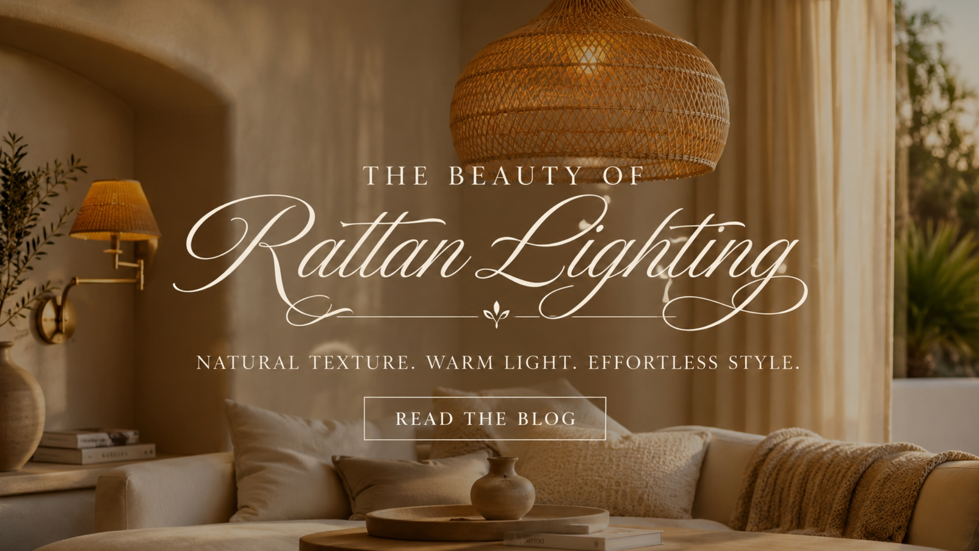 Elegant rattan lighting in a warm neutral living room with woven pendant lights, soft natural textures, and cozy coastal-inspired decor.