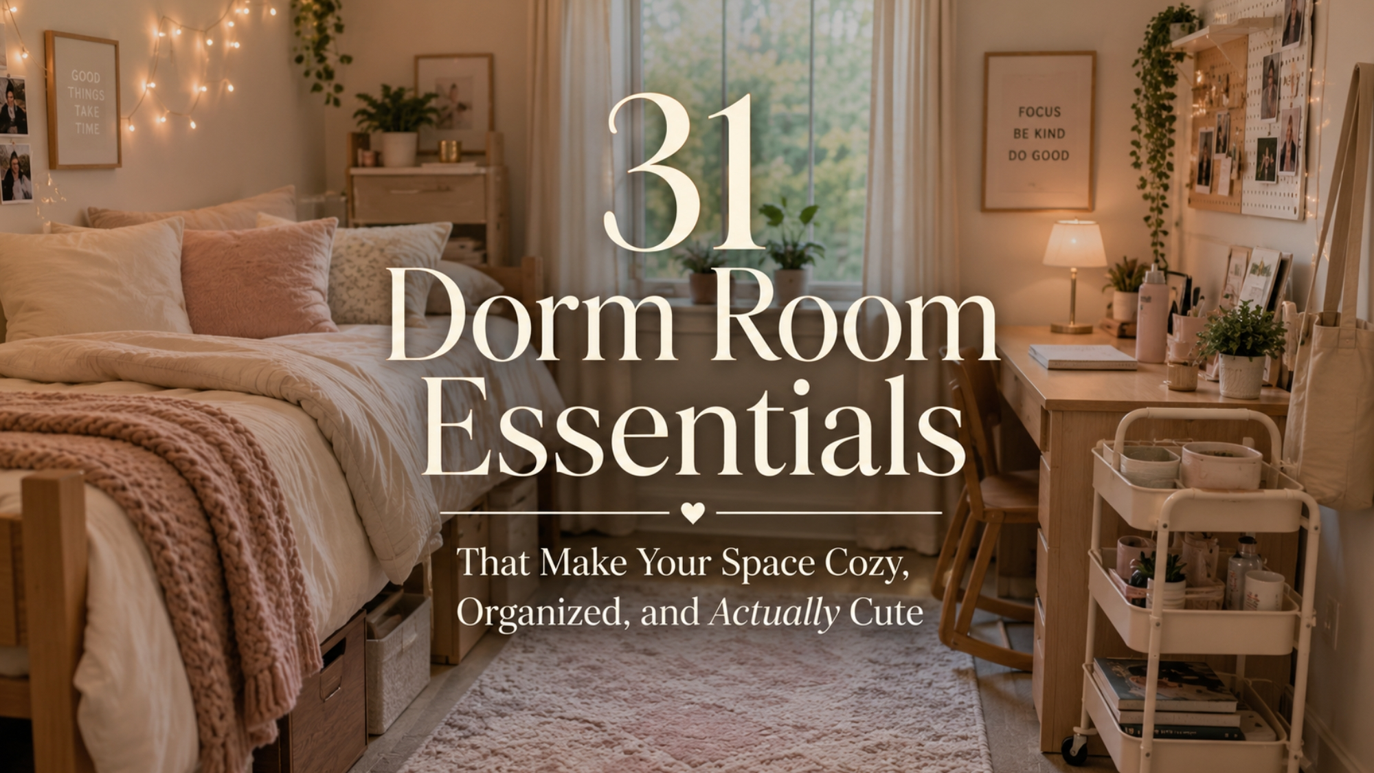 Cozy college dorm room with blush bedding, desk setup, rolling cart, plants, and centered text for 31 dorm room essentials.