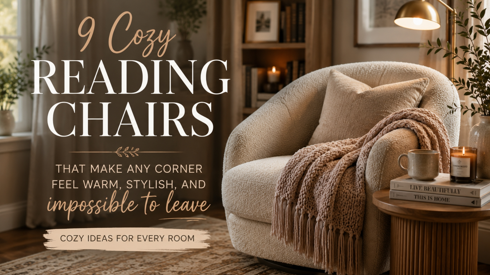 Cozy reading chair in a warm neutral reading nook with a soft throw blanket, side table, books, candle, and elegant text overlay for cozy reading chair ideas.