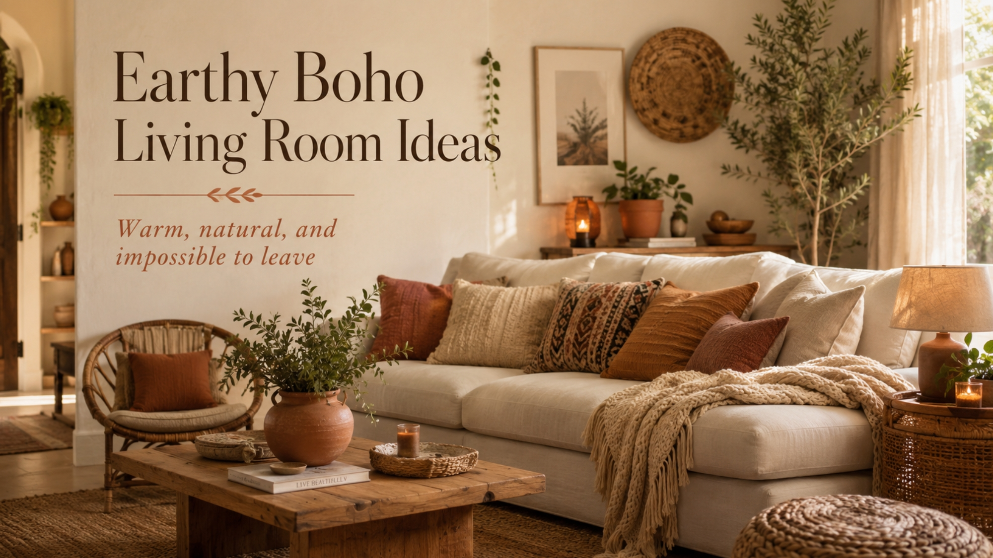 Earthy boho living room with a cream sofa, natural wood coffee table, woven textures, warm terracotta pillows, plants, and soft cozy lighting.