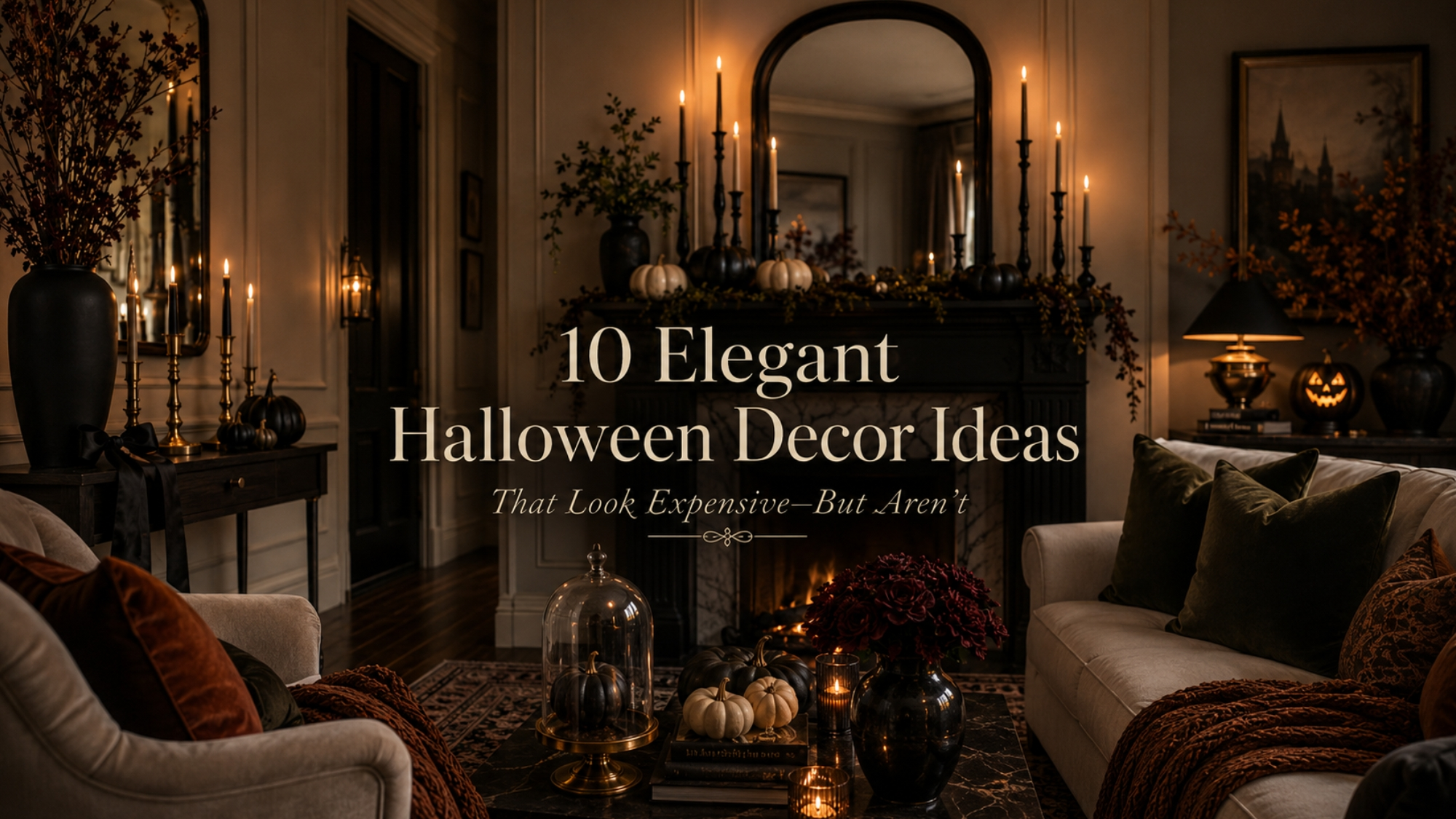 Elegant Halloween living room with black and brass decor, candlelit mantel, arched mirror, dark florals, velvet pillows, matte pumpkins, and centered text reading “10 Elegant Halloween Decor Ideas That Look Expensive—But Aren’t.”