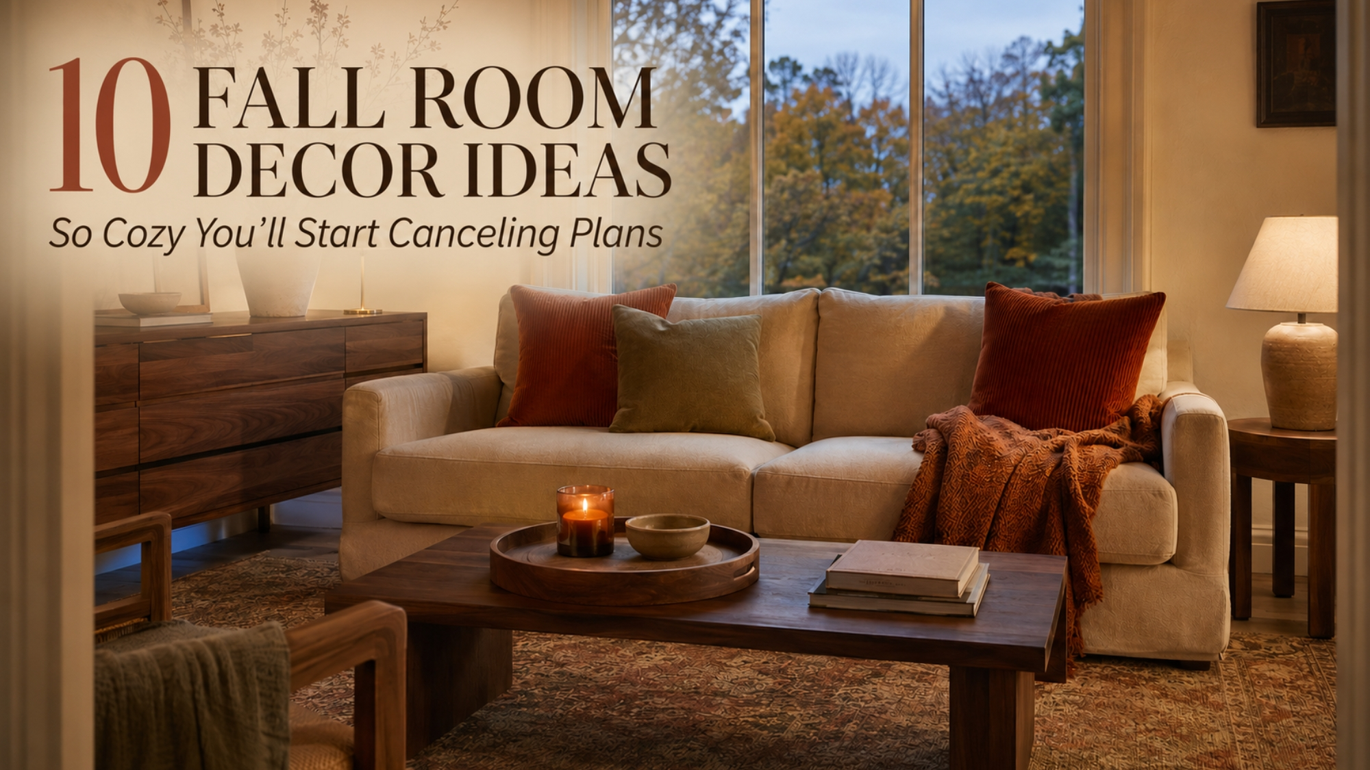 Cozy fall living room with rust pillows, layered throws, warm lamps, autumn branches and a vintage-style rug beneath the article title.