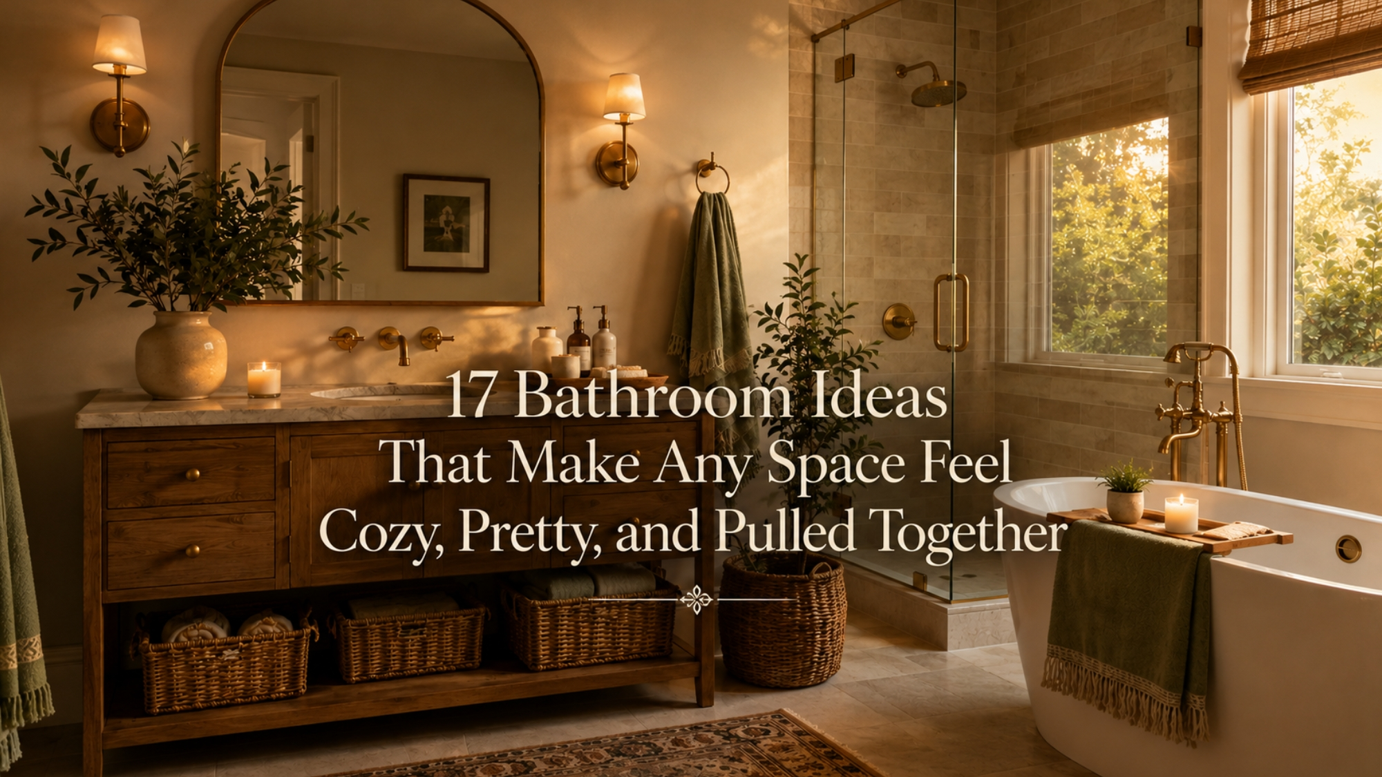 Warm cozy bathroom with wood vanity, brass fixtures, soft candlelight, freestanding tub, woven baskets, greenery, and elegant text overlay for 17 bathroom ideas.