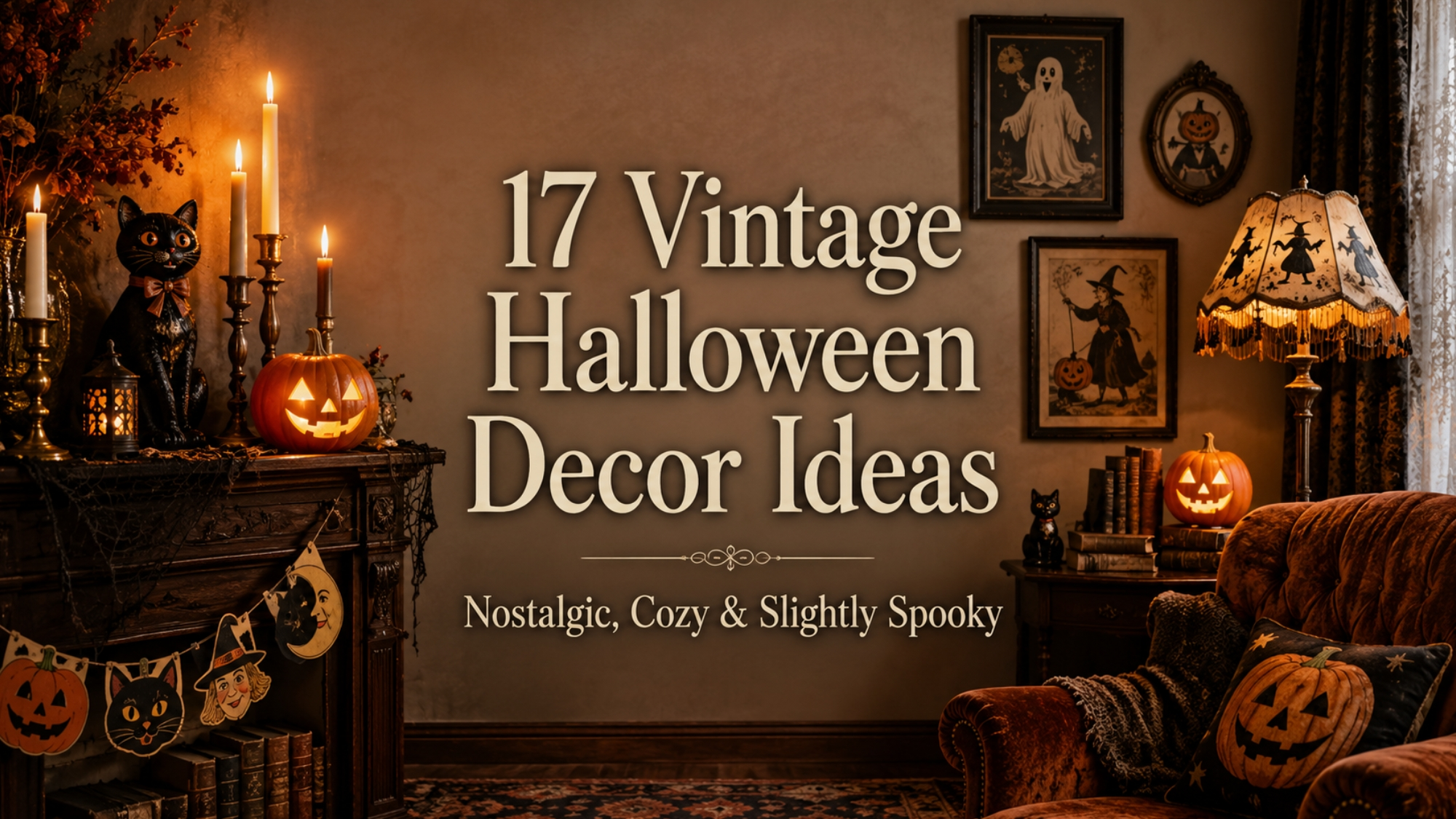 Cozy vintage Halloween living room with glowing jack-o’-lanterns, black cats, antique candleholders, retro wall art, and elegant centered text reading “17 Vintage Halloween Decor Ideas.”