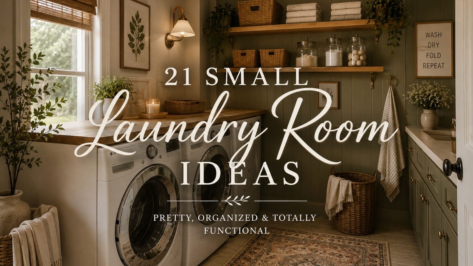 Beautiful small laundry room with green cabinets, wood shelves, woven baskets, glass laundry jars, warm lighting, and elegant text overlay for laundry room ideas.