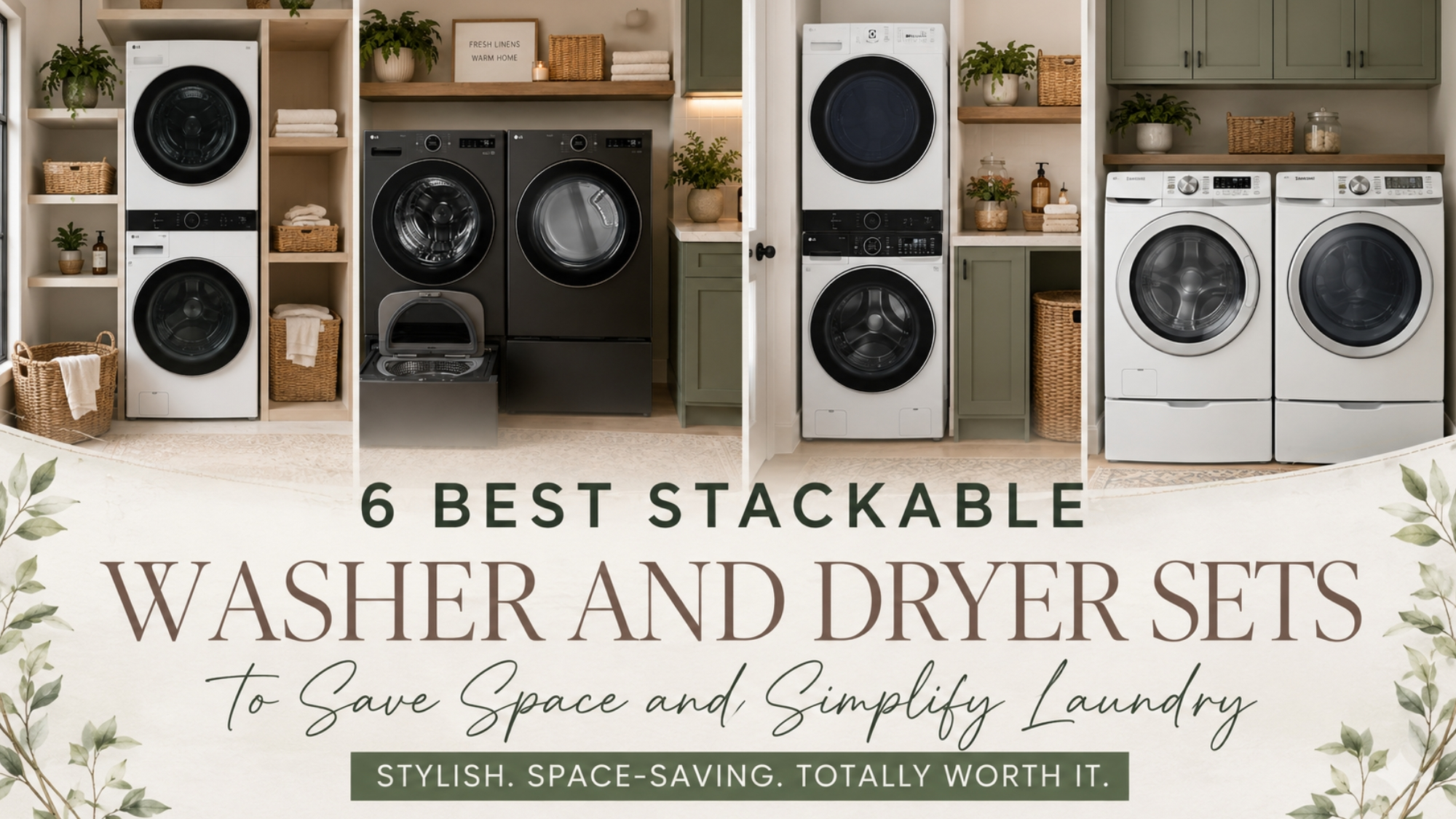 Stylish stackable washer and dryer sets in warm, organized laundry rooms with the text “6 Best Stackable Washer and Dryer Sets.”