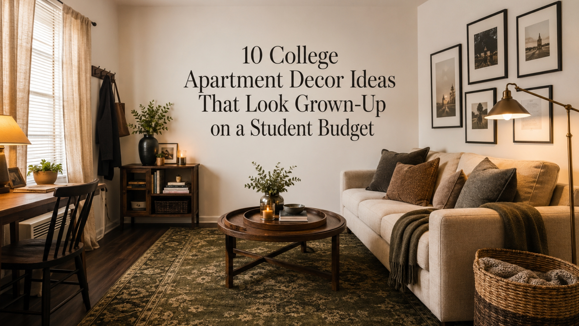 Grown-up college apartment living room with a neutral sofa, olive rug, brass floor lamp, framed wall art, linen curtains, woven storage, and a styled coffee table.