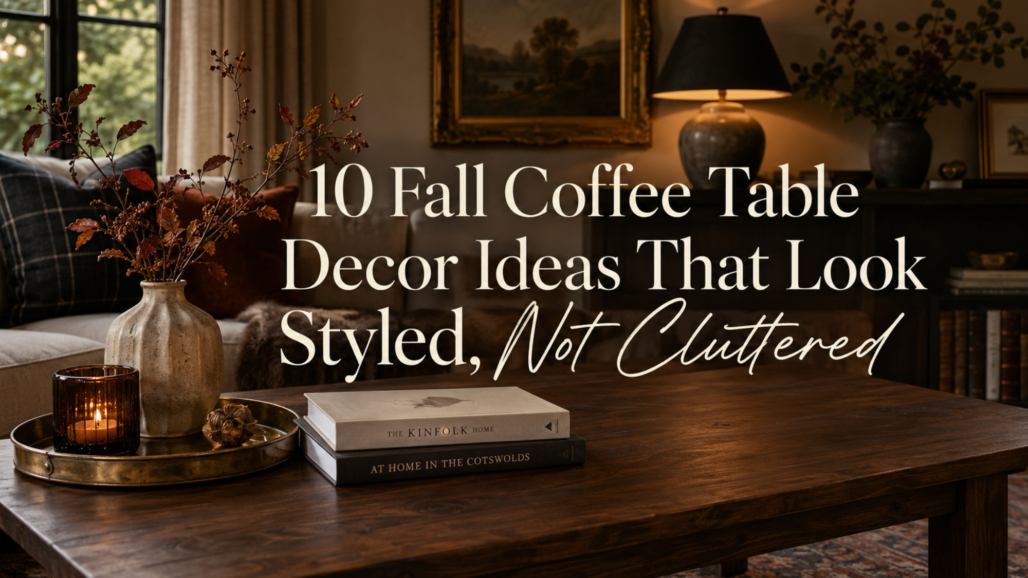 Fall coffee table decor featuring a wooden tray, creamy ceramic vase, burgundy branches, candle, stacked books, and aged brass accents in a cozy autumn living room.