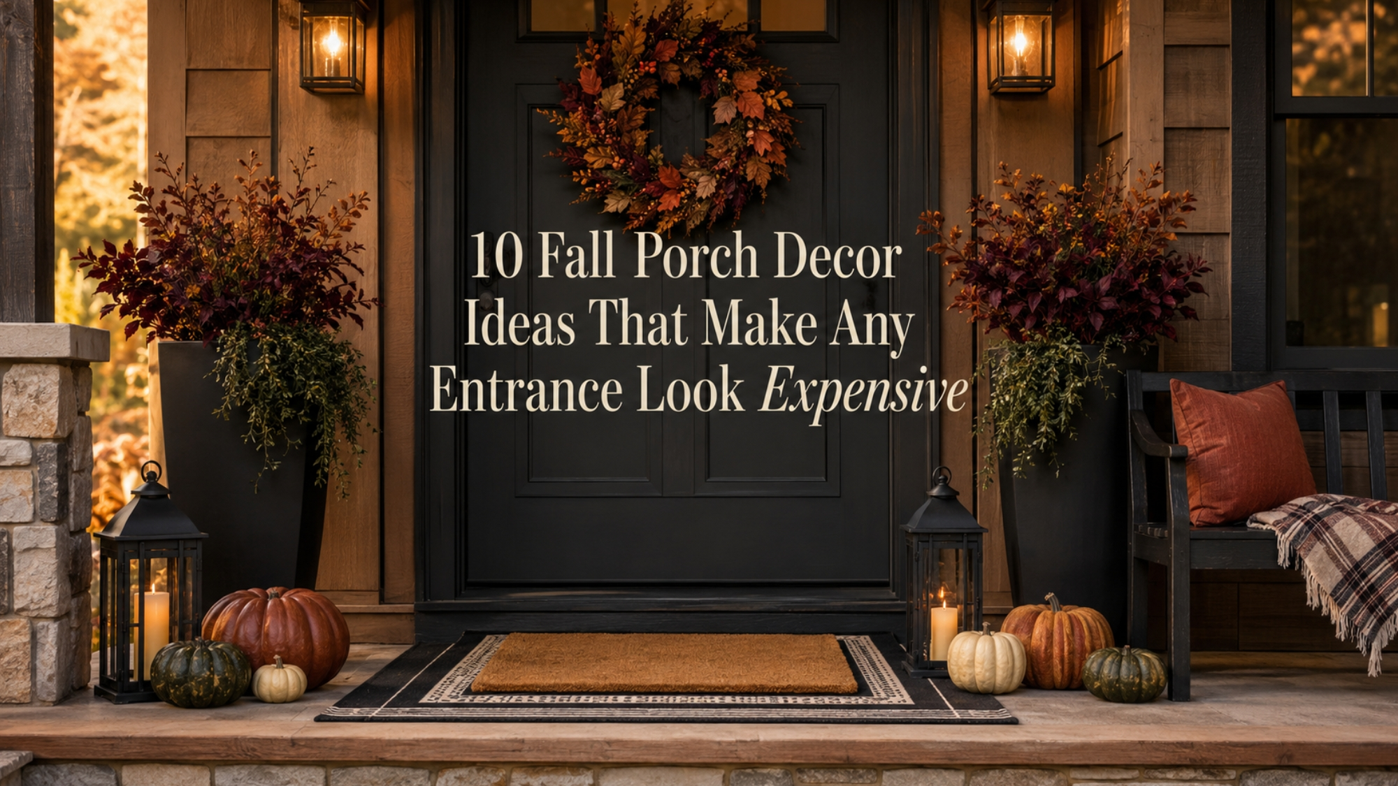 Elegant fall porch decor with a black front door, autumn wreath, tall burgundy planters, layered doormats, glowing lanterns, pumpkins, and a cozy bench.