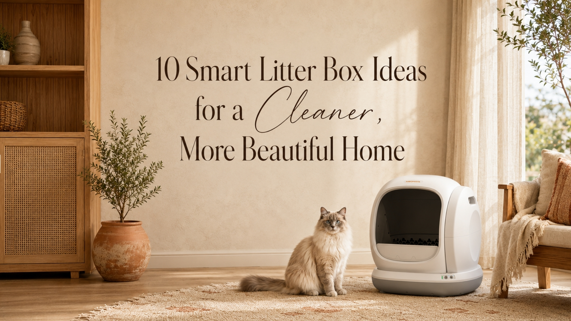 Stylish home featuring the Meowant MW-SC02 self-cleaning cat litter box with elegant centered text introducing 10 smart litter box ideas.