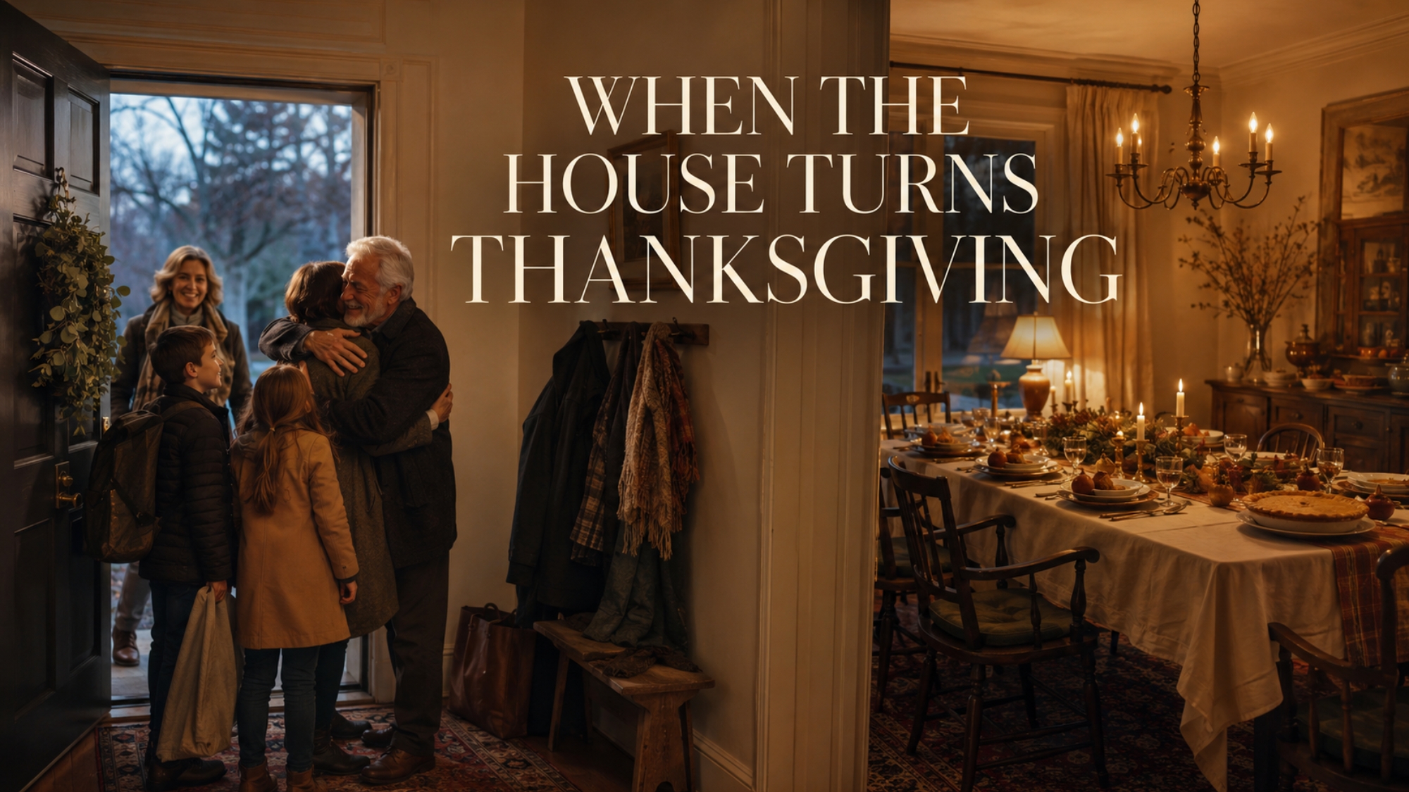 Multigenerational family arriving for Thanksgiving beside a warmly lit dining room with candles, linen and seasonal table decorations.