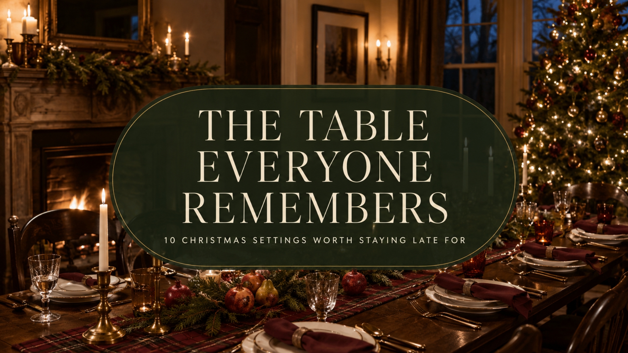 Elegant candlelit Christmas table decorated with tartan, burgundy napkins, brass candlesticks, evergreen branches, fruit and cream dinnerware.