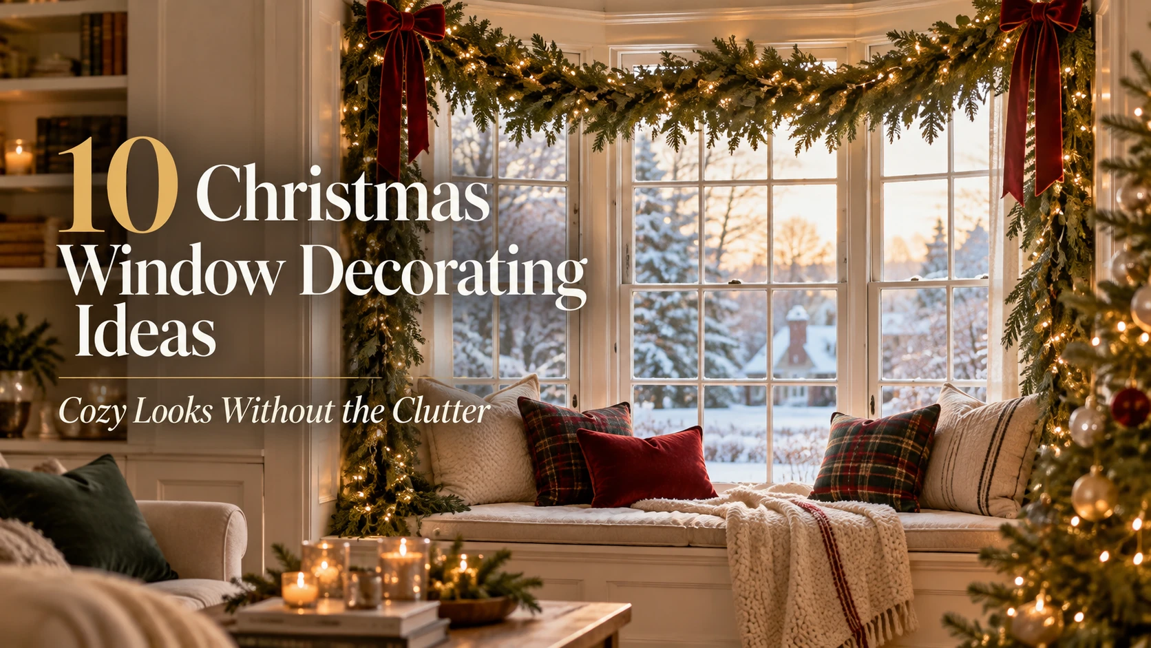 Christmas window with evergreen garland, warm lights and cozy window-seat pillows overlooking a snowy view