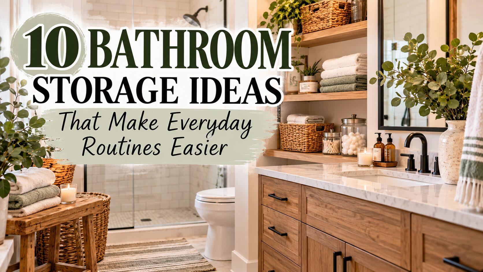 Bright warm wood bathroom with organized vanity, floating shelves, baskets, folded towels and title overlay