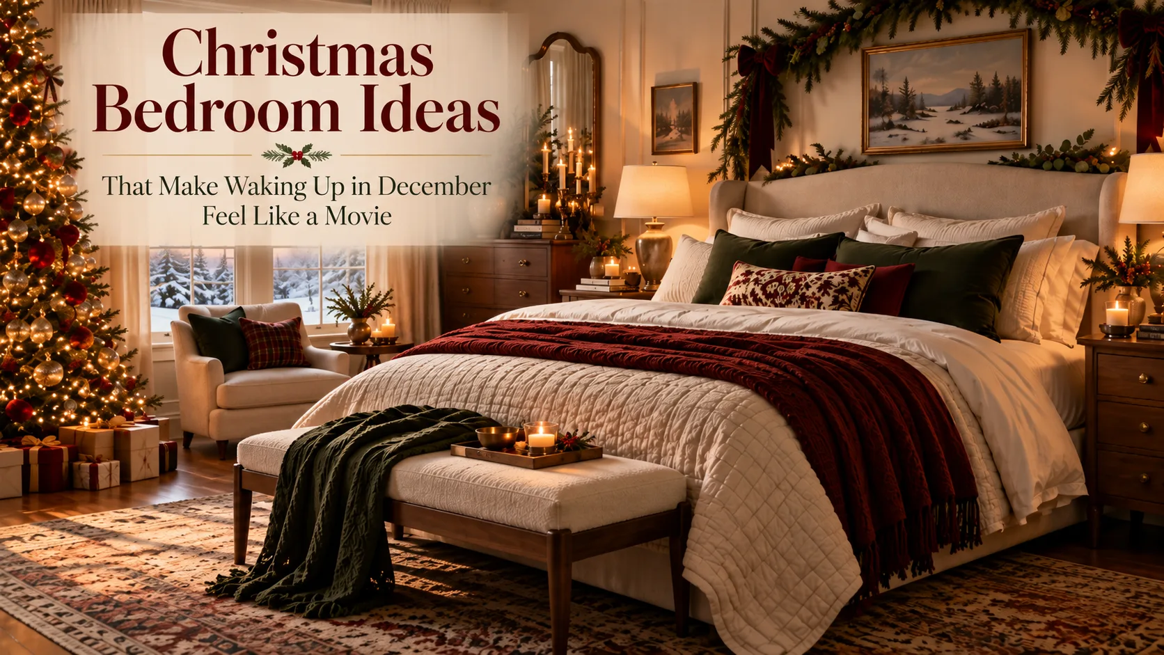 A warmly lit Christmas bedroom with layered bedding, a decorated tree, greenery, and cozy December-morning light.