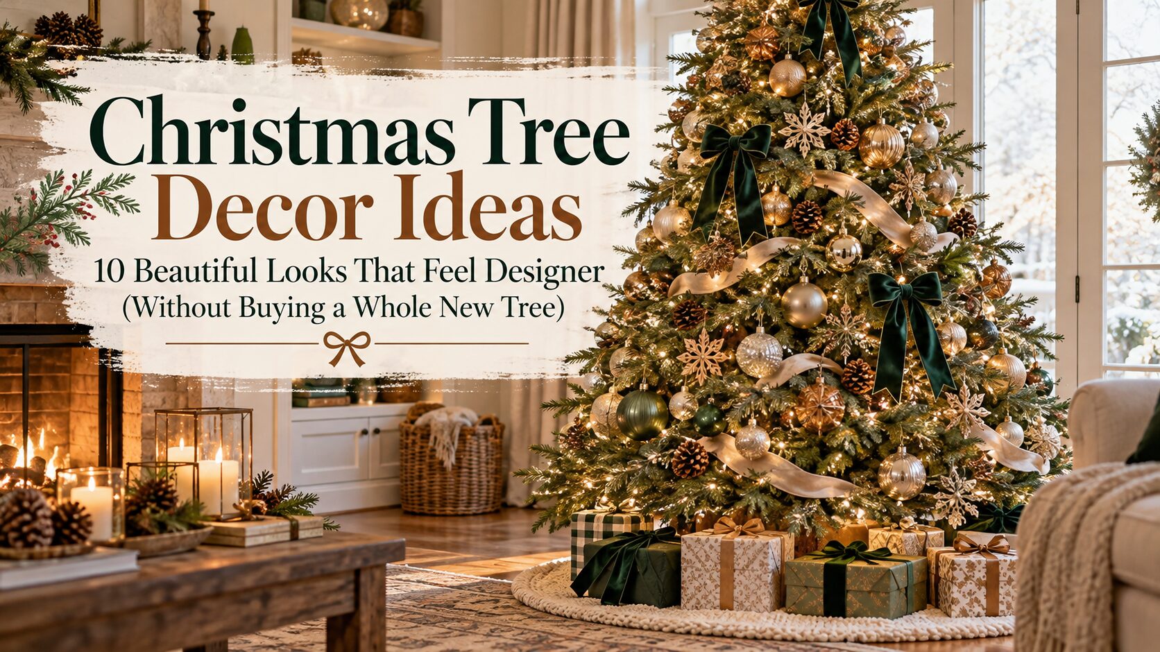 Designer-inspired Christmas tree decor with emerald-green velvet bows, gold ornaments and warm lights in a cozy living room