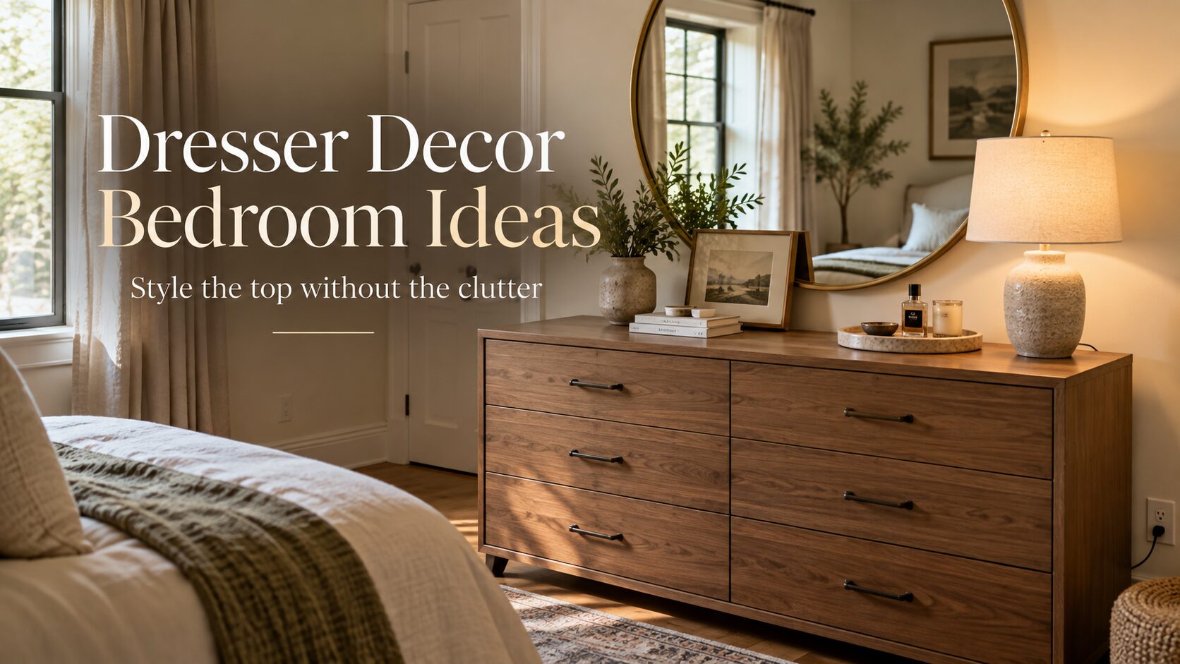 Warm real-bedroom dresser styled with a mirror, lamp, tray and open surface beneath the title overlay.