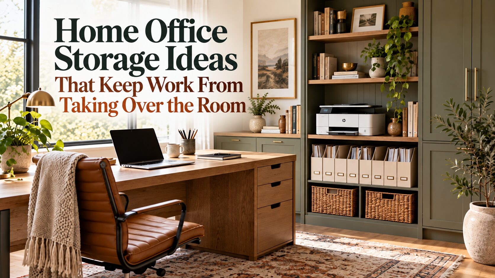 Organized home office with desk, printer storage, closed cabinetry, and shelving arranged for a calmer workflow.